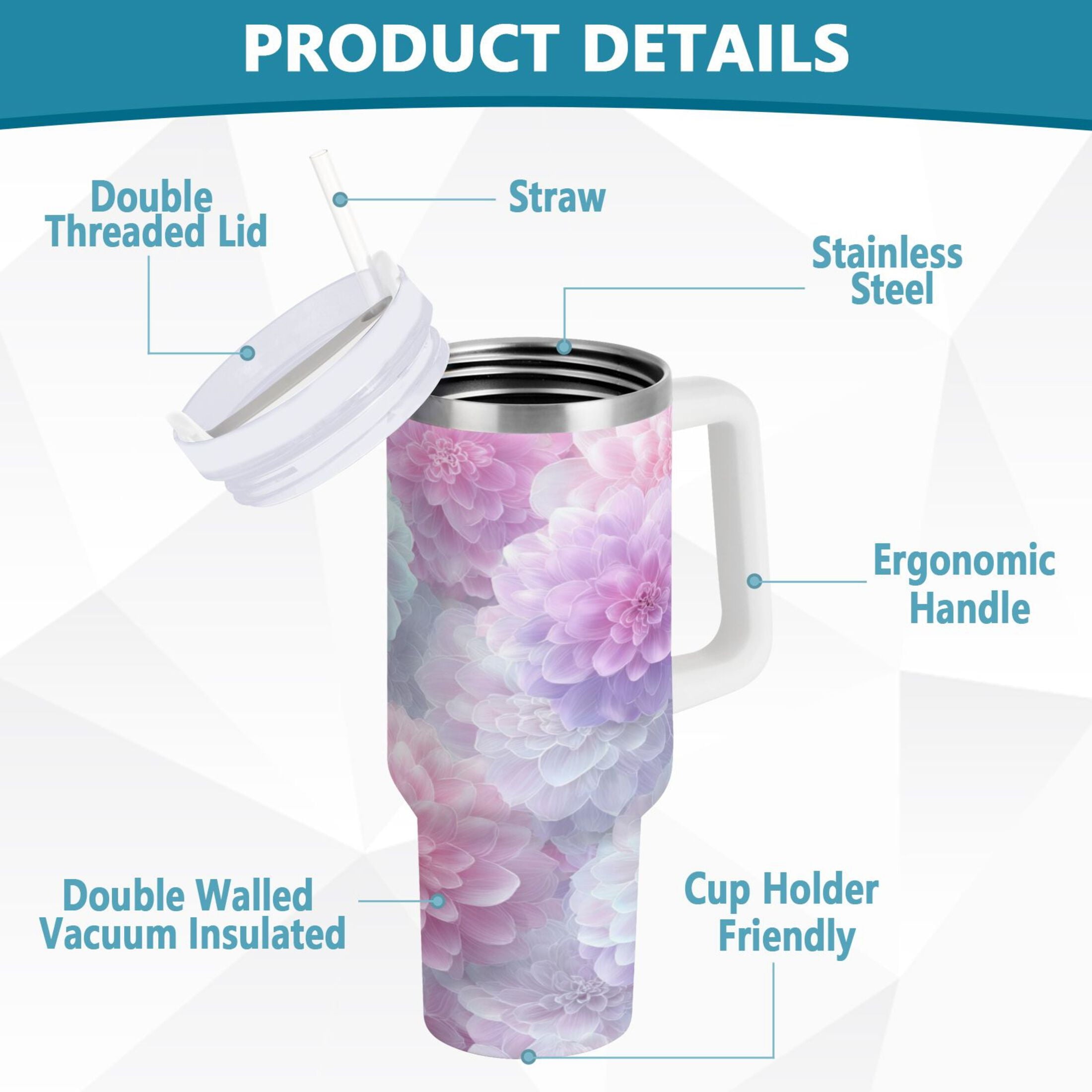 30 oz Insulated Stainless Steel Tumbler Double Wall Stainless Steel Tumbler with 2-Way Drinking Cute Pastel Watercolor Floral - Pick 789