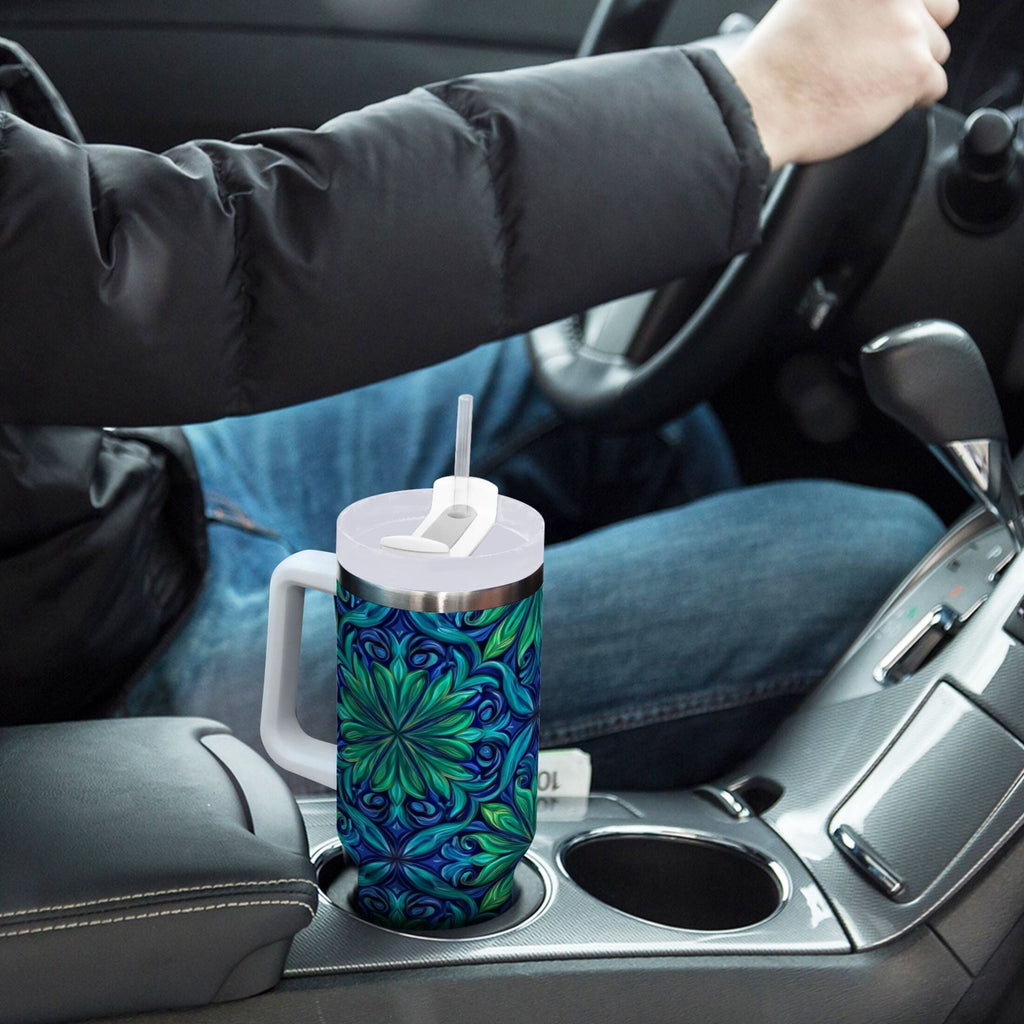 40 oz Insulated Stainless Steel Tumbler Double Wall Stainless Steel Tumbler with 2-Way Drinking Elegant Blue Traditional Patterns - Pick 761