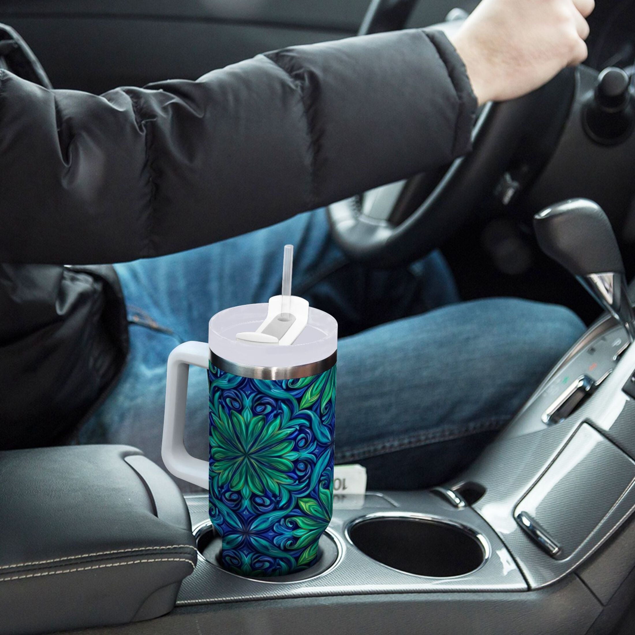 40 oz Insulated Stainless Steel Tumbler Double Wall Stainless Steel Tumbler with 2-Way Drinking Elegant Blue Traditional Patterns - Pick 761