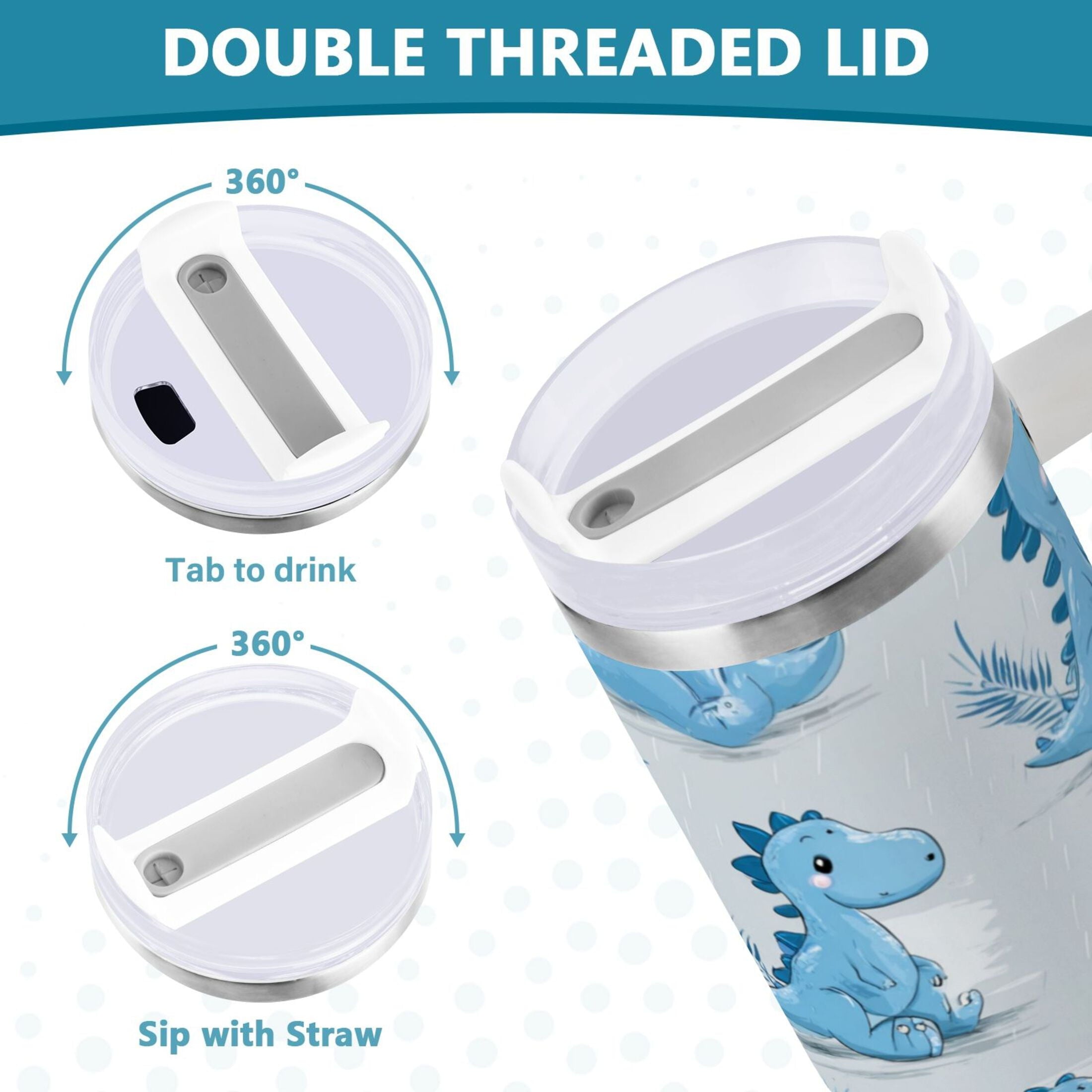 30 oz Insulated Stainless Steel Tumbler Double Wall Stainless Steel Tumbler with 2-Way Drinking Cartoon Blue Dinosaurs - Pick 582