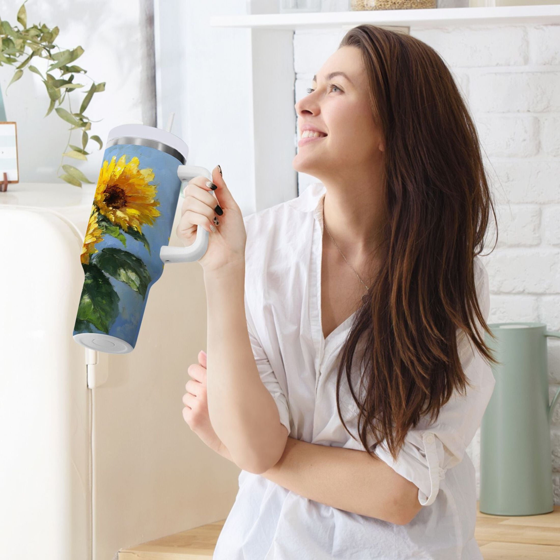 40 oz Insulated Stainless Steel Tumbler Double Wall Stainless Steel Tumbler with 2-Way Drinking Sunflowers Painting - Pick 809
