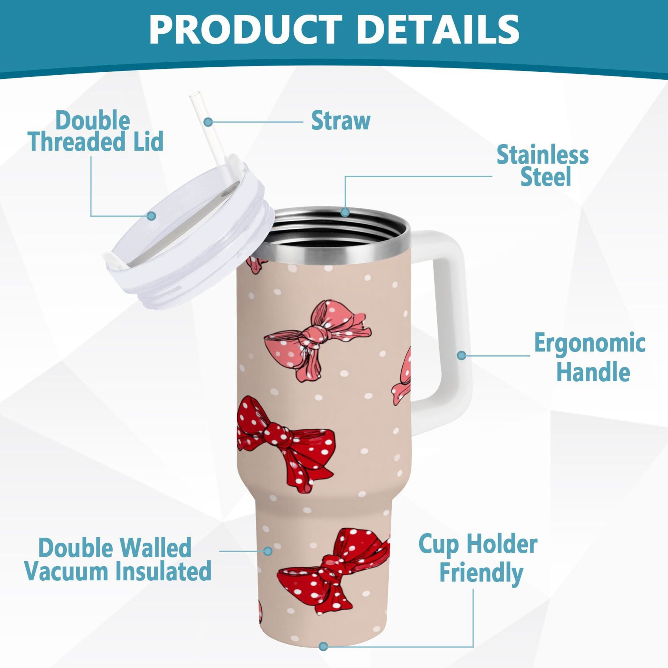 30 oz Insulated Stainless Steel Tumbler Double Wall Stainless Steel Tumbler with 2-Way Drinking Cute Red Bows Pattern - Pick 205