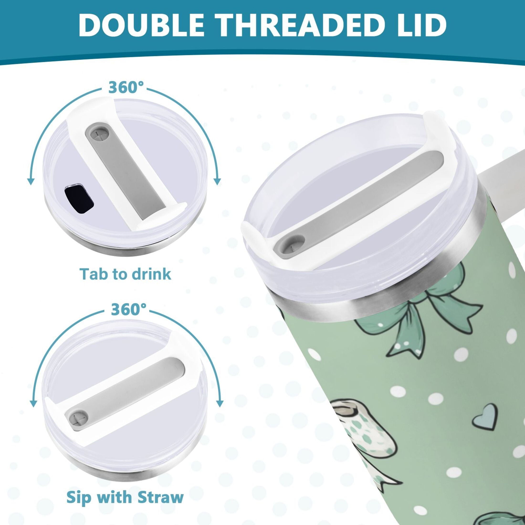 30 oz Insulated Stainless Steel Tumbler Double Wall Stainless Steel Tumbler with 2-Way Drinking Green and Mint Bows - Pick 133