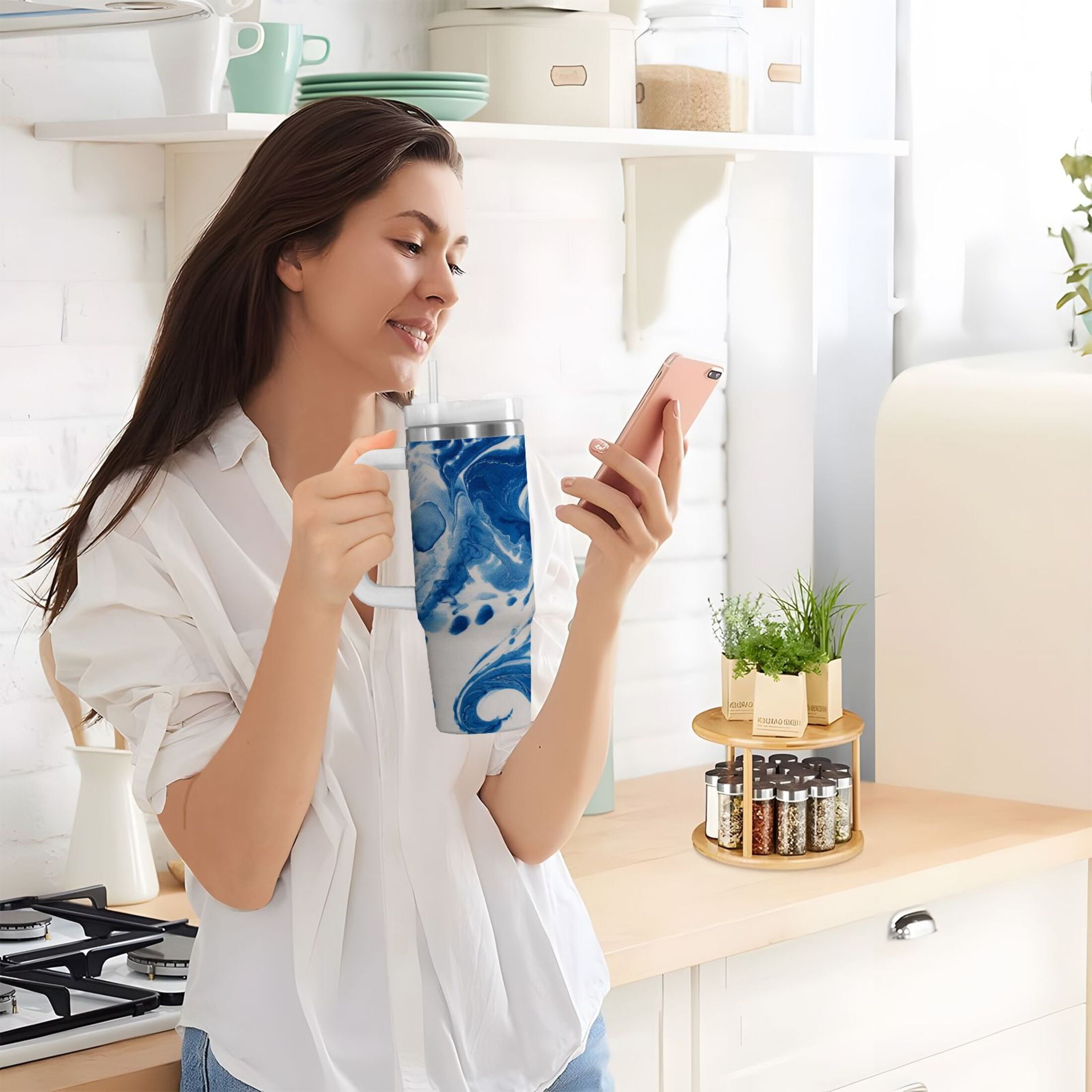 40 oz Insulated Stainless Steel Tumbler Double Wall Stainless Steel Tumbler with 2-Way Drinking Indigo Blue Tie-dye Pattern - Pick 265
