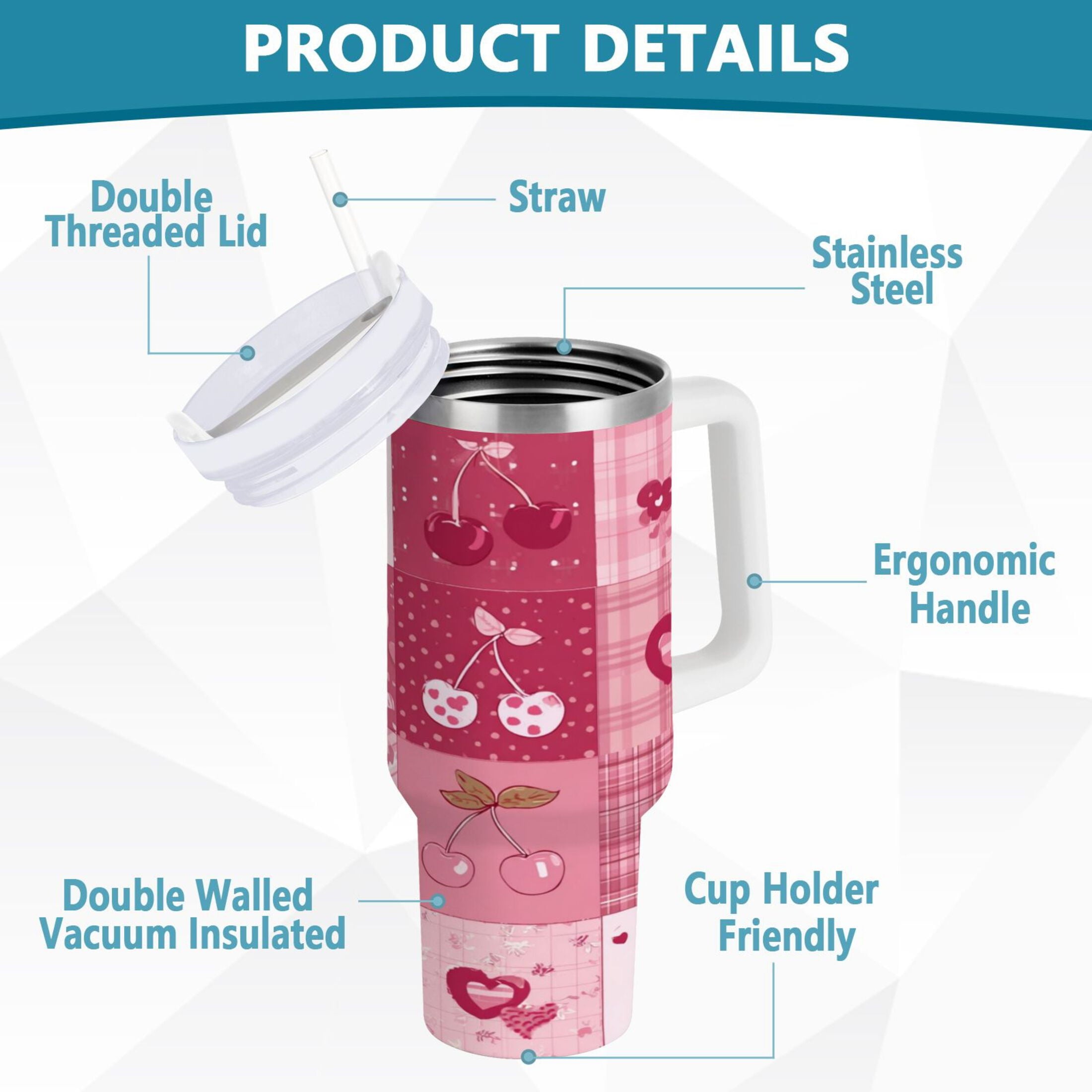 30 oz Insulated Stainless Steel Tumbler Double Wall Stainless Steel Tumbler with 2-Way Drinking Cherry Pattern with Bows - Pick 766