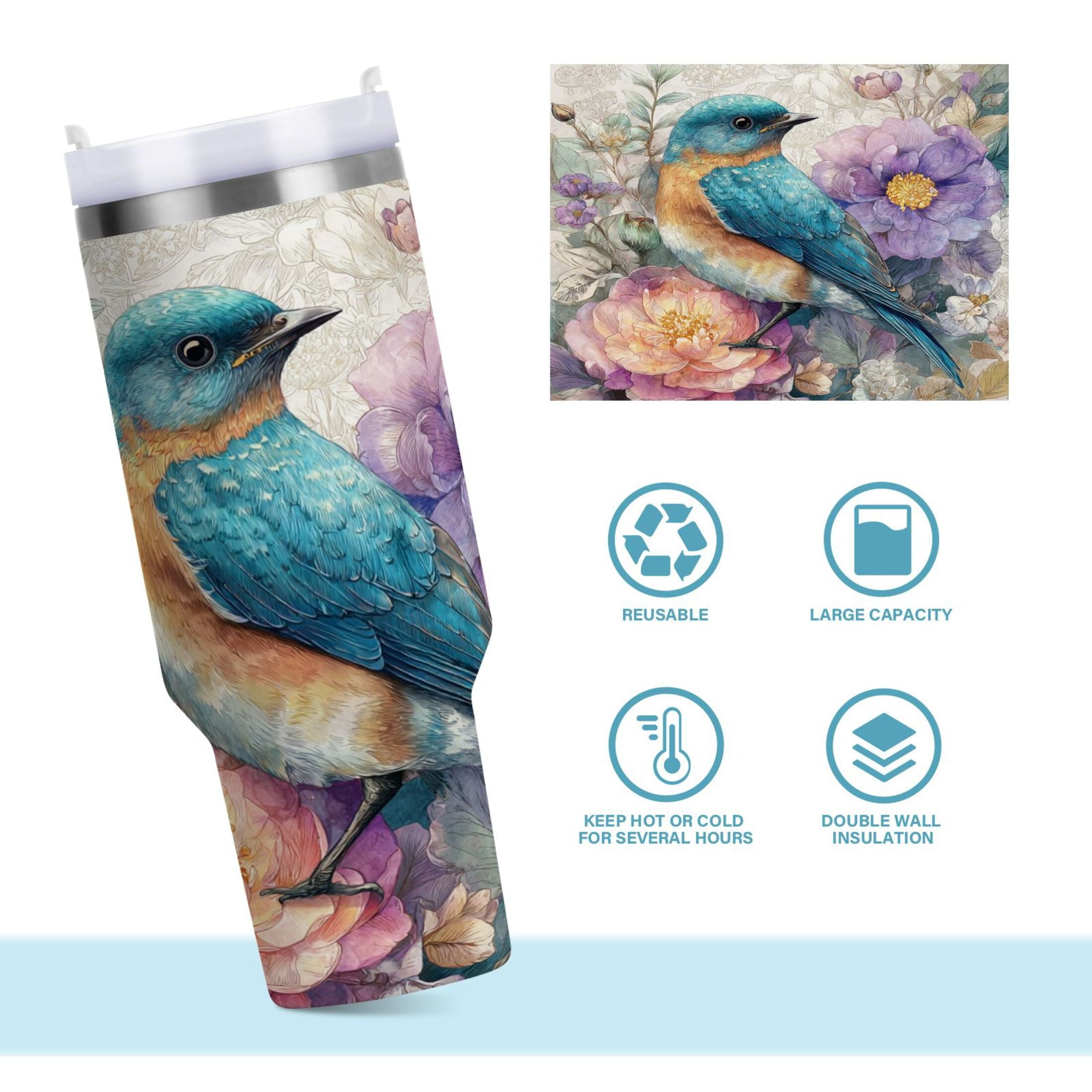 30 oz Insulated Stainless Steel Tumbler Double Wall Stainless Steel Tumbler with 2-Way Drinking Bluebird and Flower - Pick 579