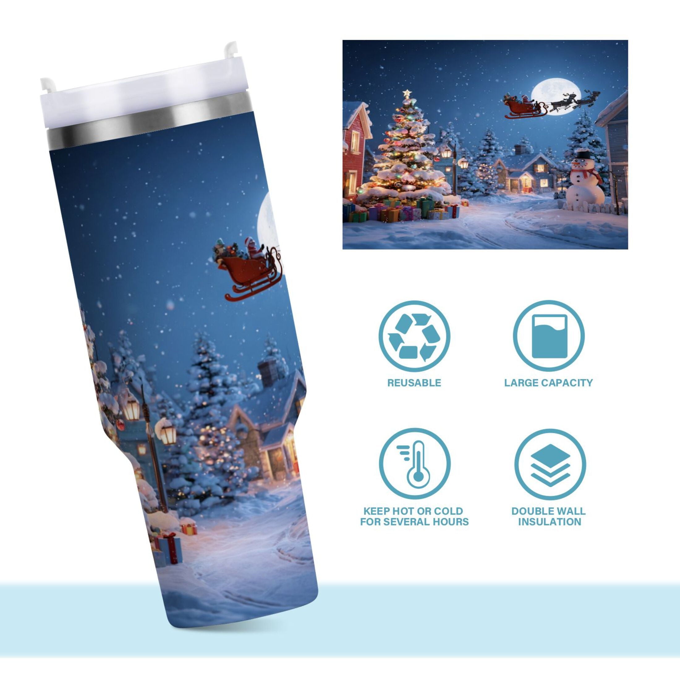 30 oz Insulated Stainless Steel Tumbler Double Wall Stainless Steel Tumbler with 2-Way Drinking Christmas Night Scene - Pick 155