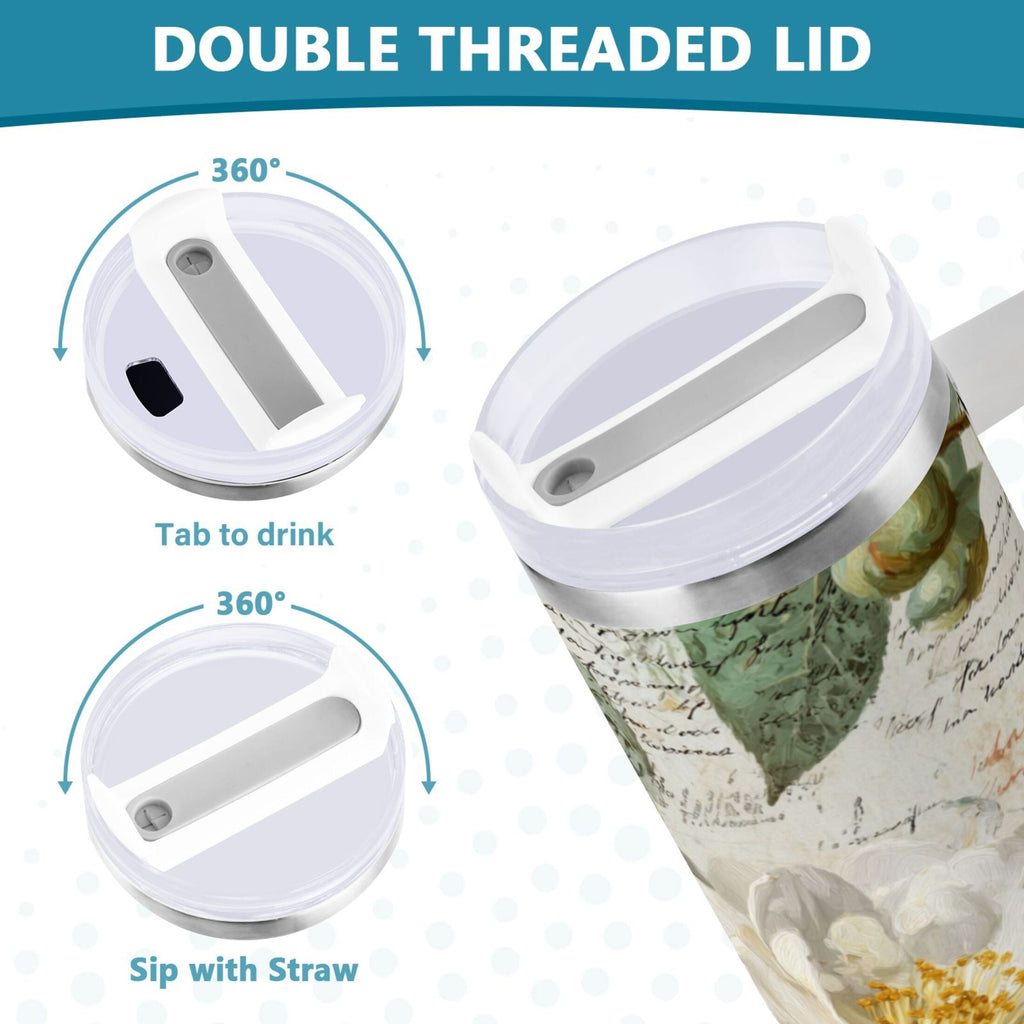 40 oz Insulated Stainless Steel Tumbler Double Wall Stainless Steel Tumbler with 2-Way Drinking Vintage White Camellias - Pick 603