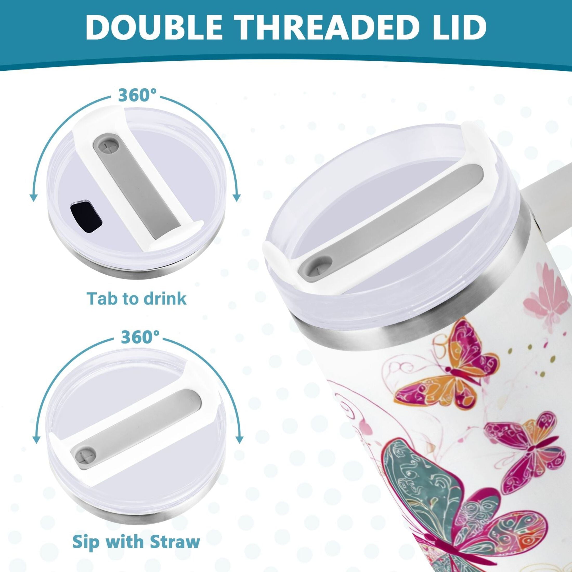 30 oz Insulated Stainless Steel Tumbler Double Wall Stainless Steel Tumbler with 2-Way Drinking Colorful Butterflies - Pick 547