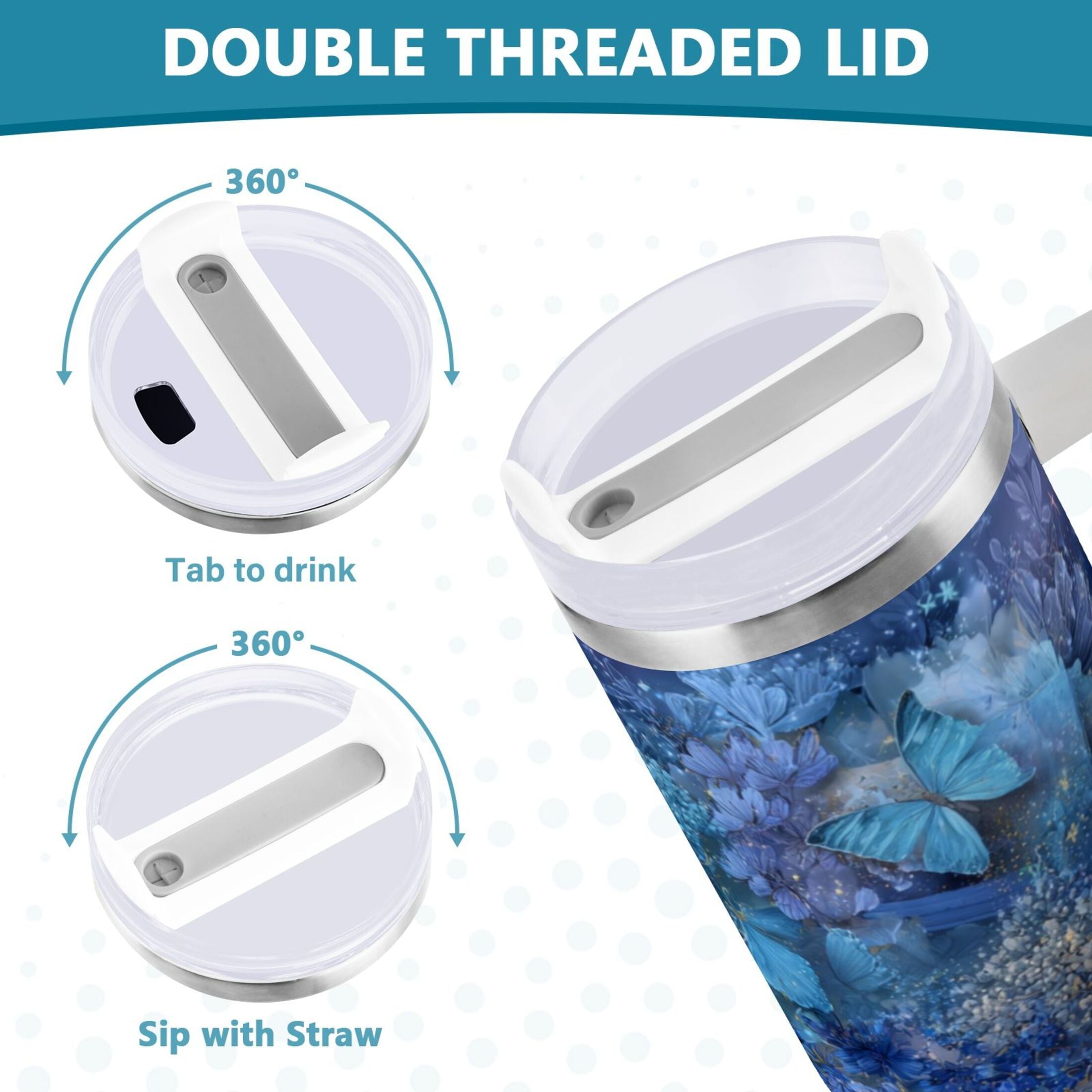 30 oz Insulated Stainless Steel Tumbler Double Wall Stainless Steel Tumbler with 2-Way Drinking Butterflies Books and Flowers - Pick 903