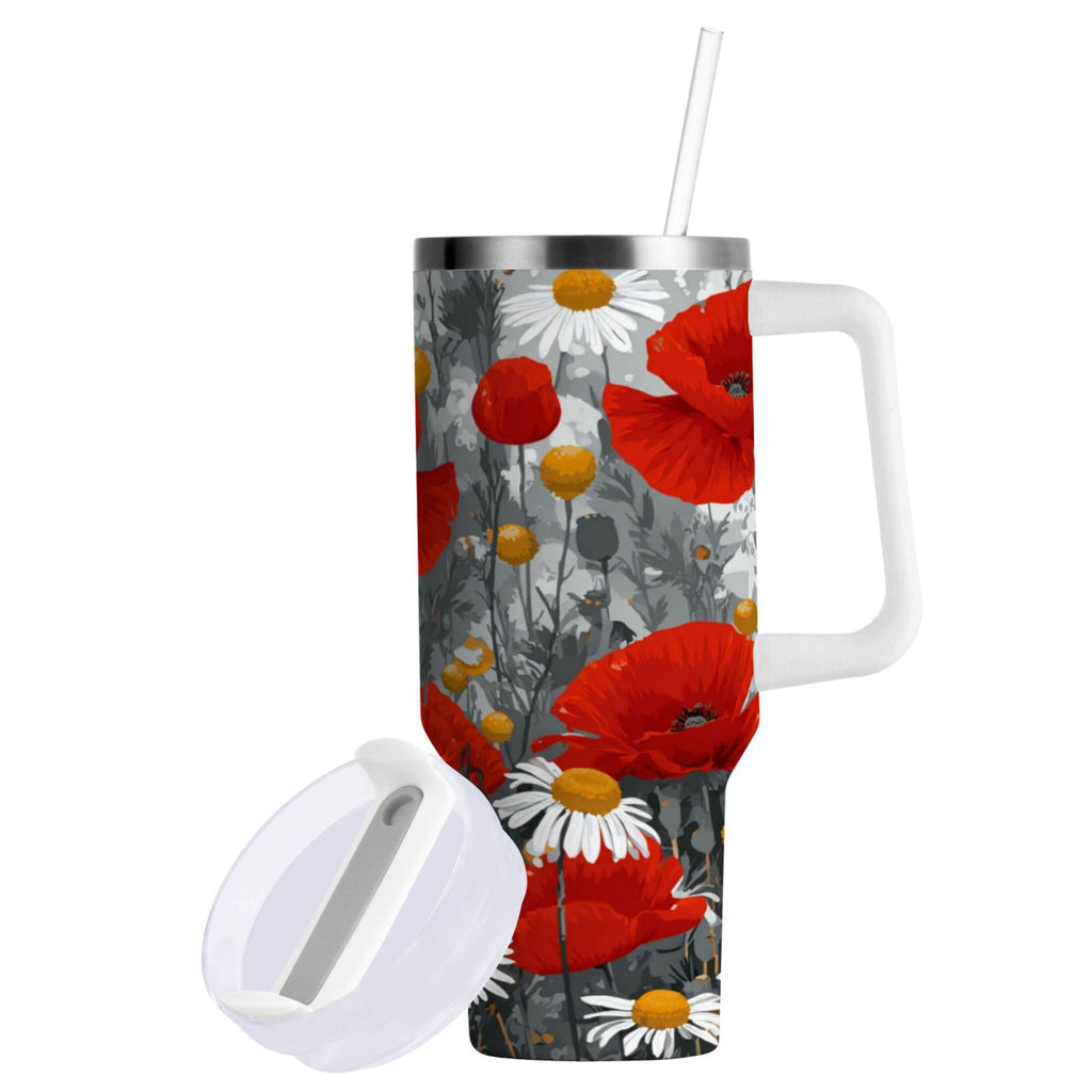 40 oz Insulated Stainless Steel Tumbler Double Wall Stainless Steel Tumbler with 2-Way Drinking Red Flowers and Daisies - Pick 577