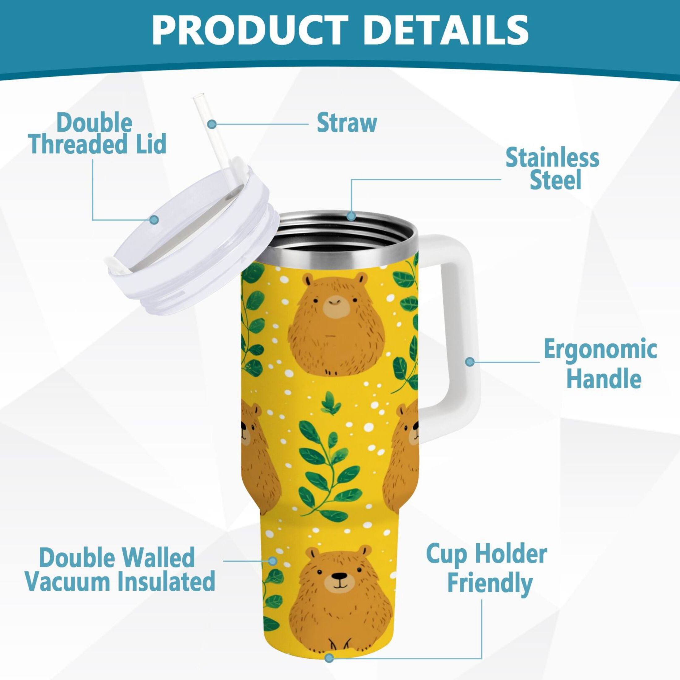 30 oz Insulated Stainless Steel Tumbler Double Wall Stainless Steel Tumbler with 2-Way Drinking Capybara and Green Leaves - Pick 608