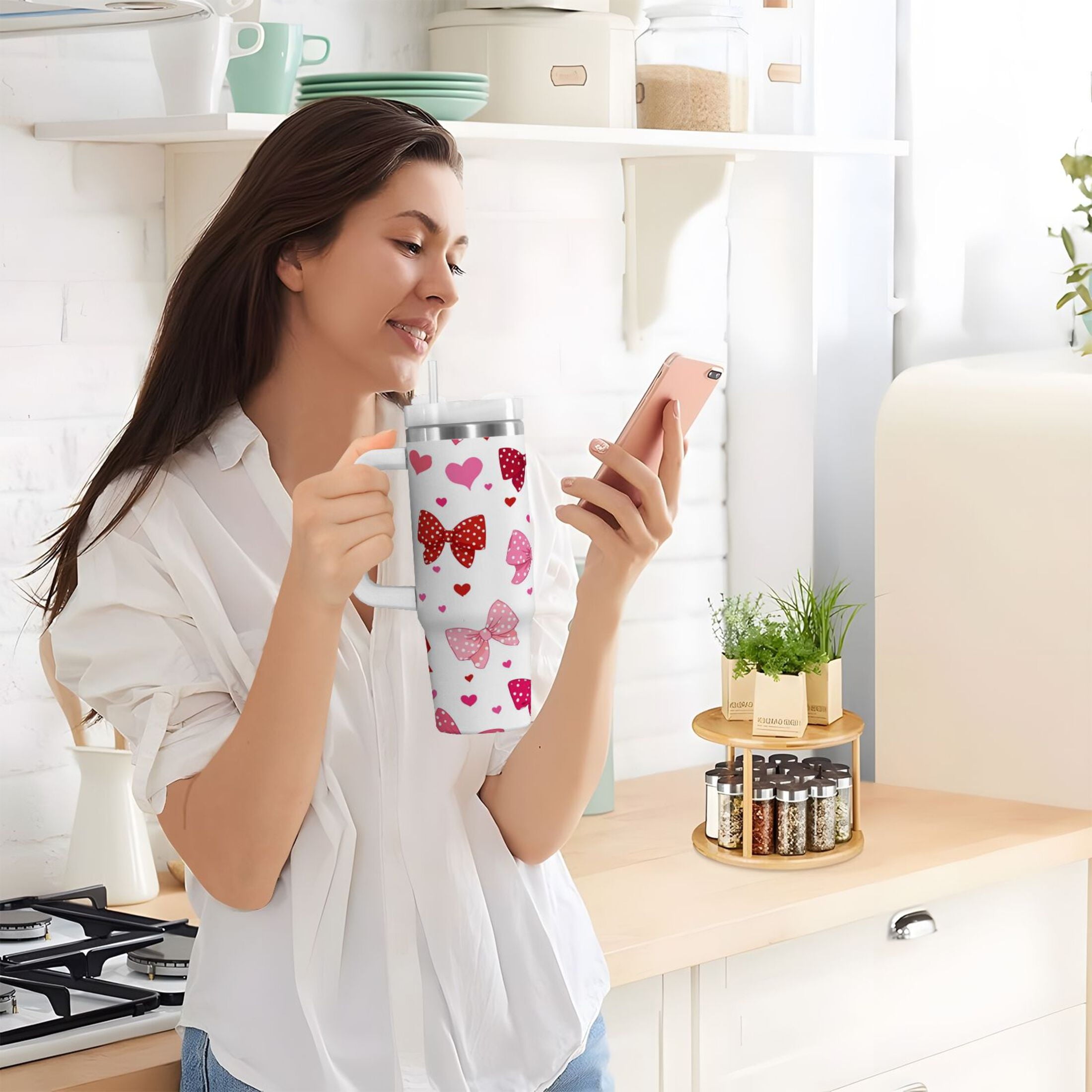 30 oz Insulated Stainless Steel Tumbler Double Wall Stainless Steel Tumbler with 2-Way Drinking Red and Pink Bows - Pick 234