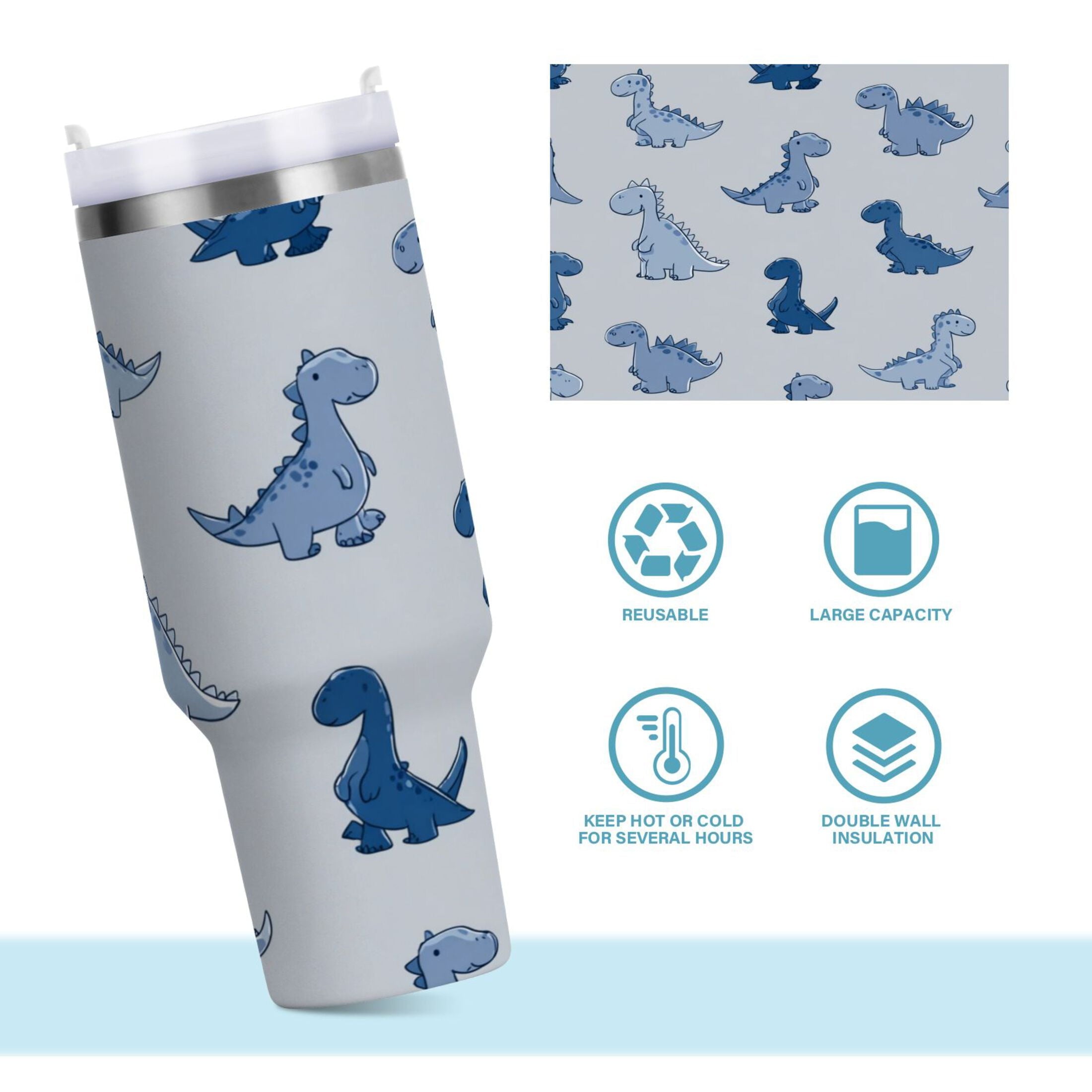 30 oz Insulated Stainless Steel Tumbler Double Wall Stainless Steel Tumbler with 2-Way Drinking Cute Blue Dinosaurs - Pick 295