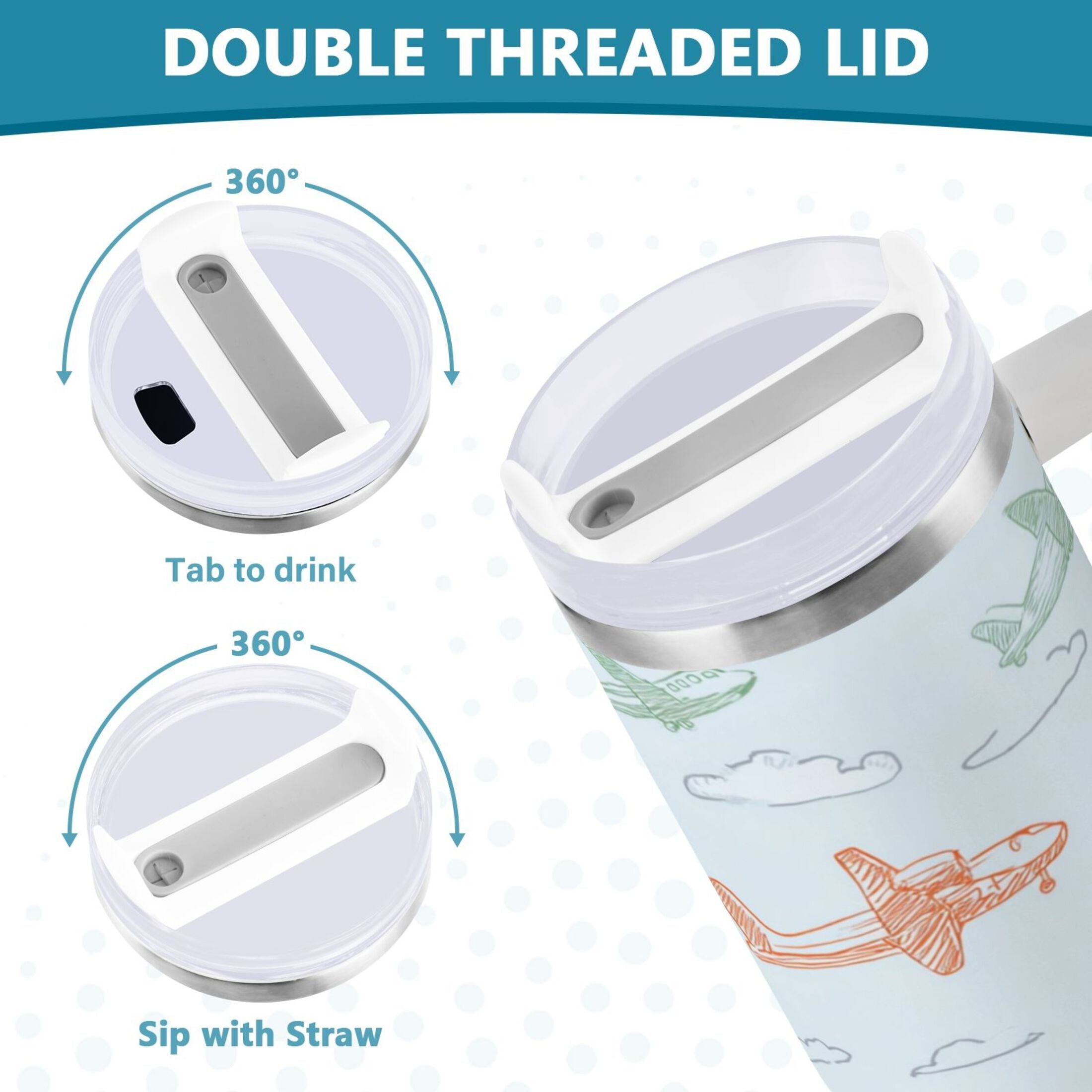 30 oz Insulated Stainless Steel Tumbler Double Wall Stainless Steel Tumbler with 2-Way Drinking Pastel Doodle Airplanes - Pick 332