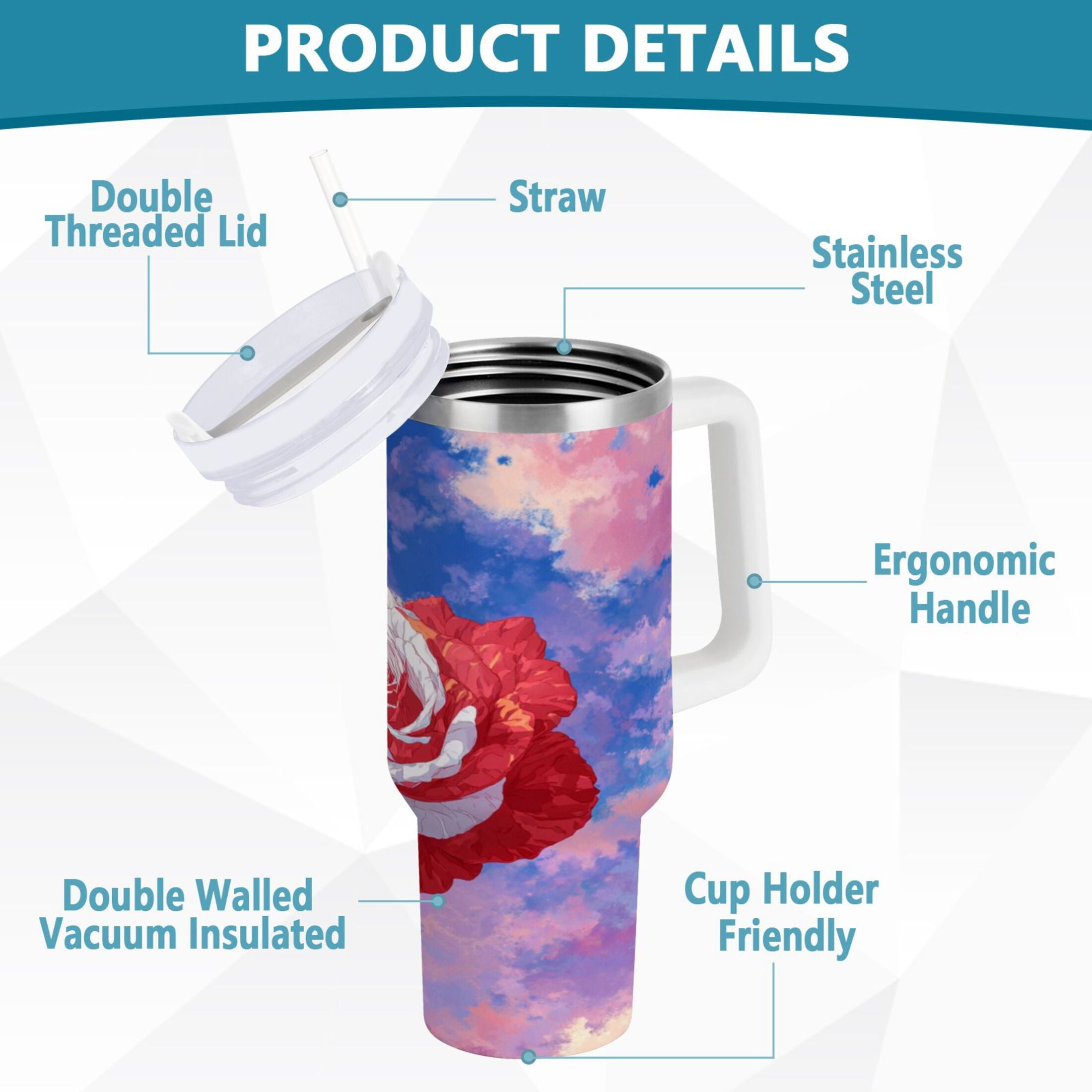 30 oz Insulated Stainless Steel Tumbler Double Wall Stainless Steel Tumbler with 2-Way Drinking Rose with Flag Pattern - Pick 745