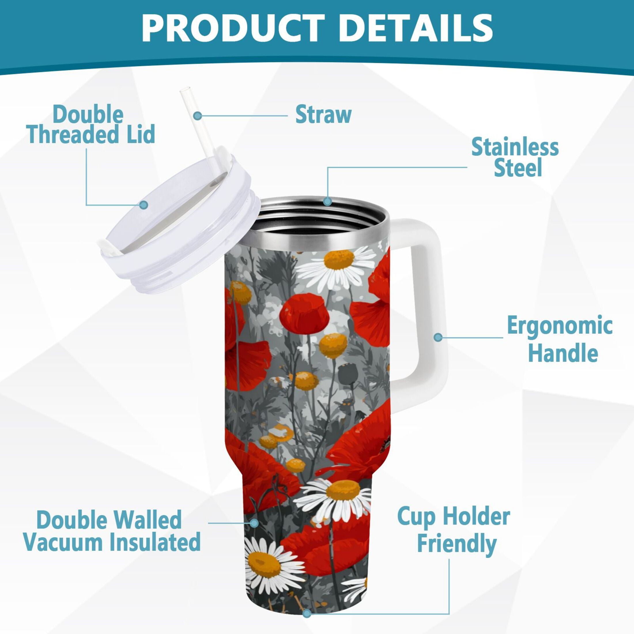 40 oz Insulated Stainless Steel Tumbler Double Wall Stainless Steel Tumbler with 2-Way Drinking Red Flowers and Daisies - Pick 577