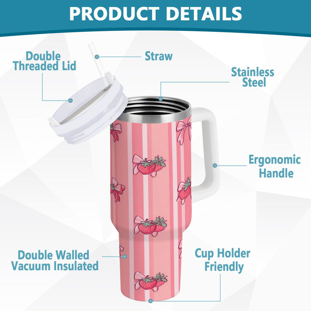 30 oz Insulated Stainless Steel Tumbler Double Wall Stainless Steel Tumbler with 2-Way Drinking Pink Bows and Strawberries - Pick 281
