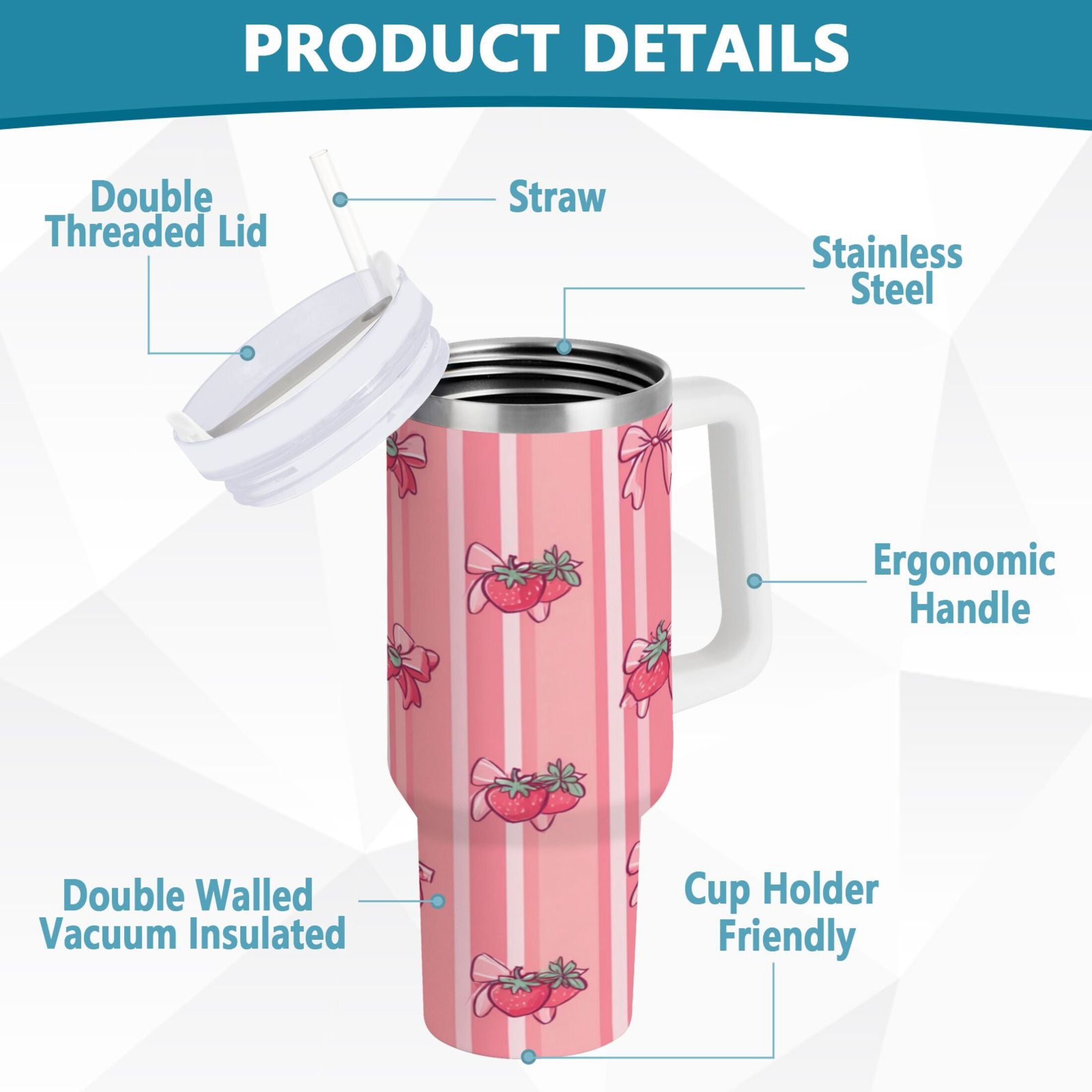 30 oz Insulated Stainless Steel Tumbler Double Wall Stainless Steel Tumbler with 2-Way Drinking Pink Bows and Strawberries - Pick 281