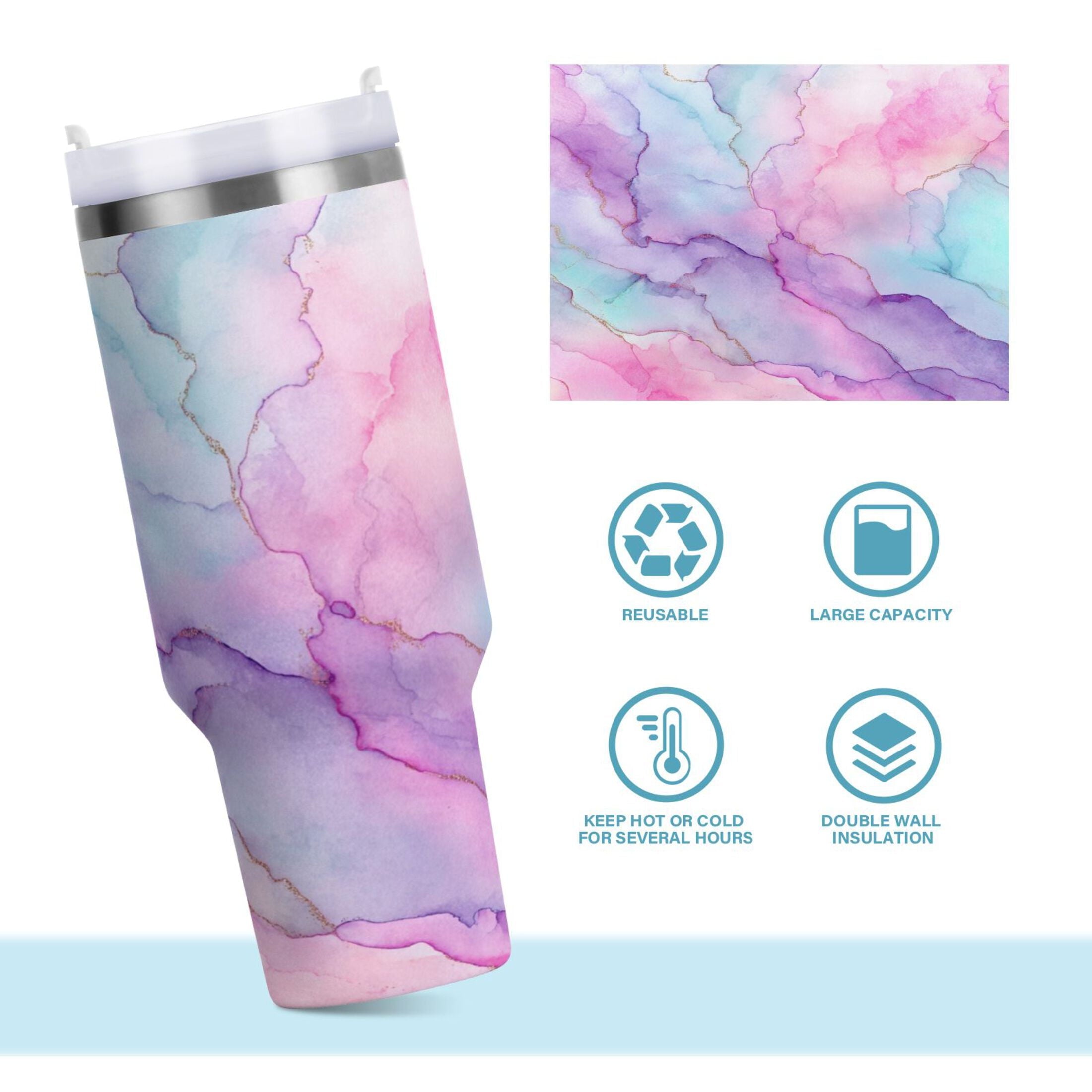 30 oz Insulated Stainless Steel Tumbler Double Wall Stainless Steel Tumbler with 2-Way Drinking Pastel Pink Marble Texture - Pick 761