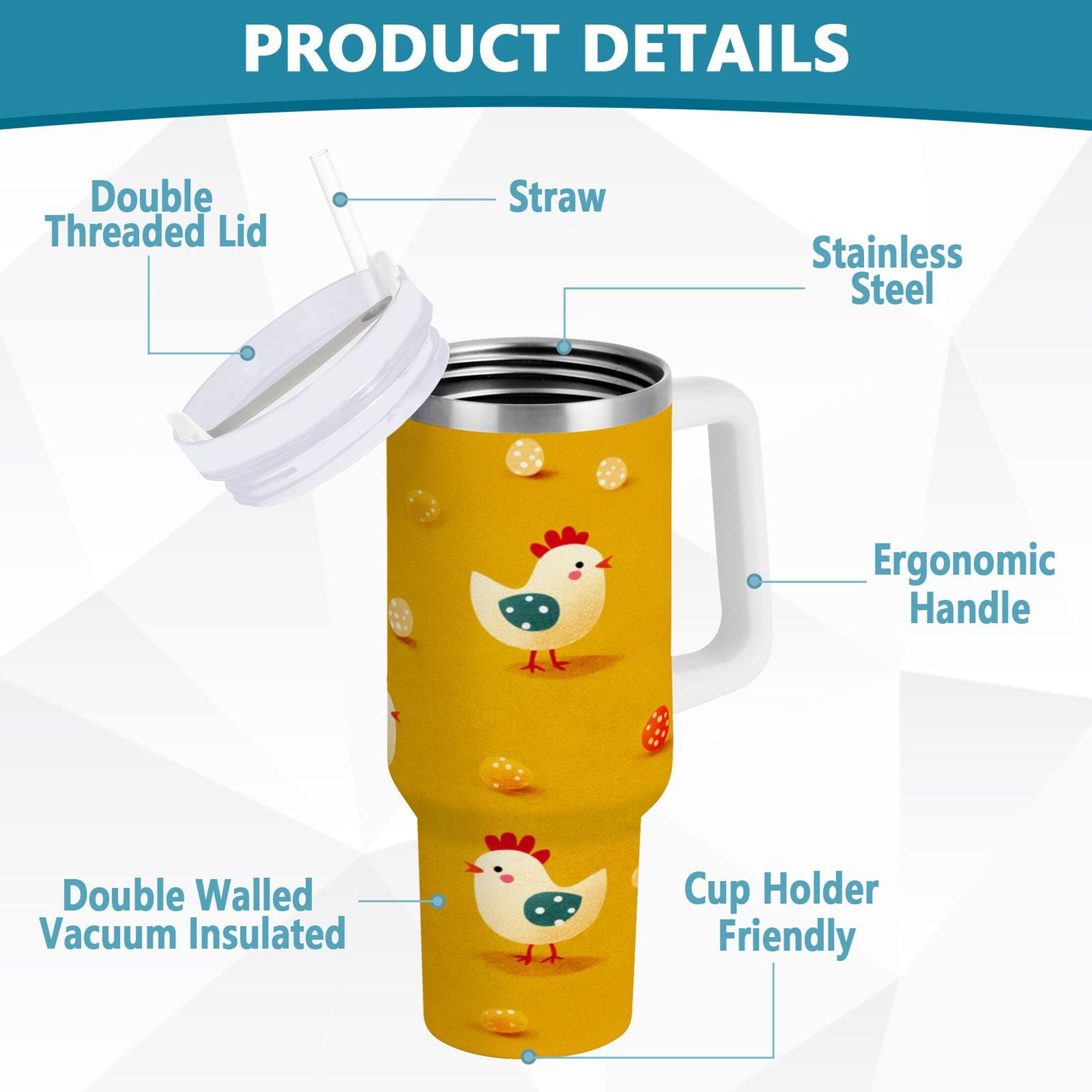 30 oz Insulated Stainless Steel Tumbler Double Wall Stainless Steel Tumbler with 2-Way Drinking Cartoon Chickens Pattern - Pick 450