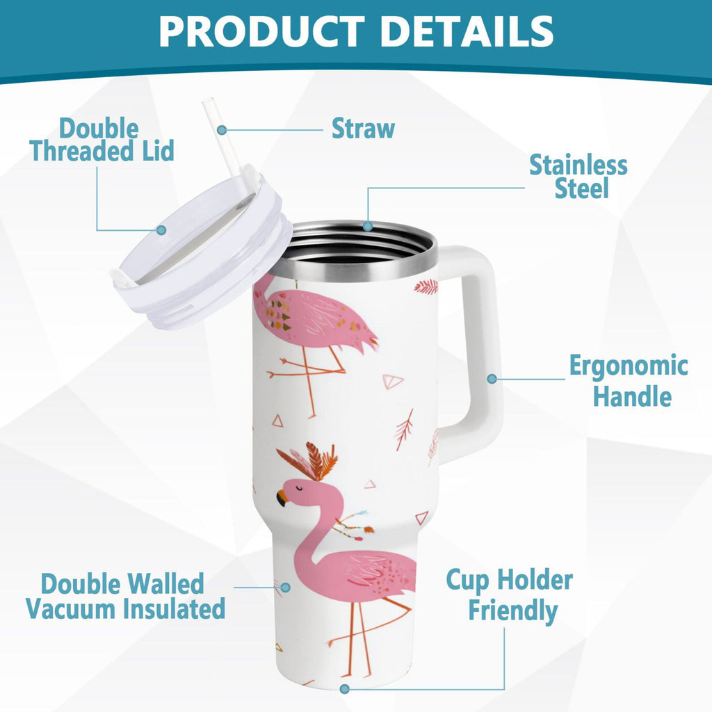 40 oz Insulated Stainless Steel Tumbler Double Wall Stainless Steel Tumbler with 2-Way Drinking Cute Pink Flamingo Pattern - Pick 762