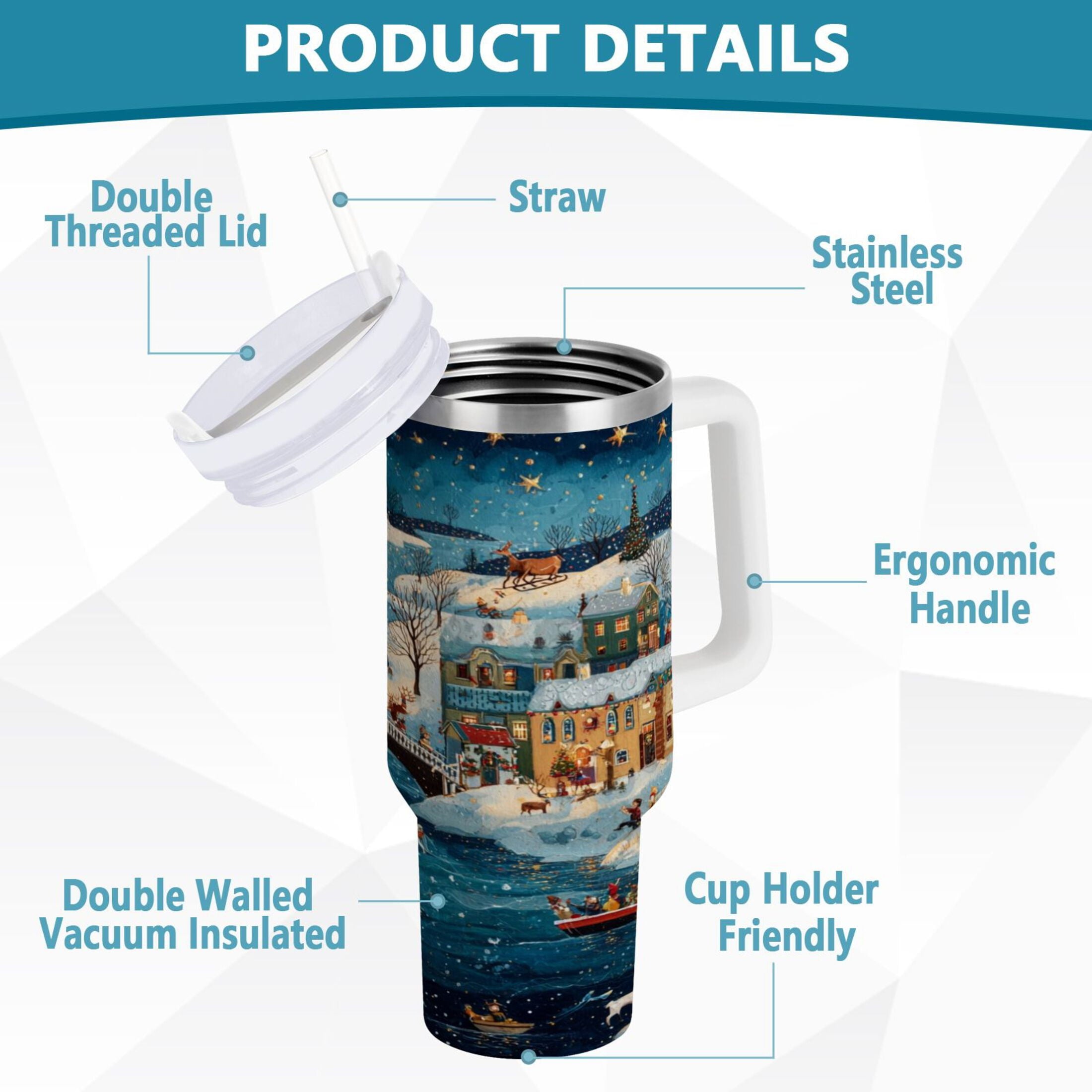 30 oz Insulated Stainless Steel Tumbler Double Wall Stainless Steel Tumbler with 2-Way Drinking Whimsical Christmas Scene - Pick 243