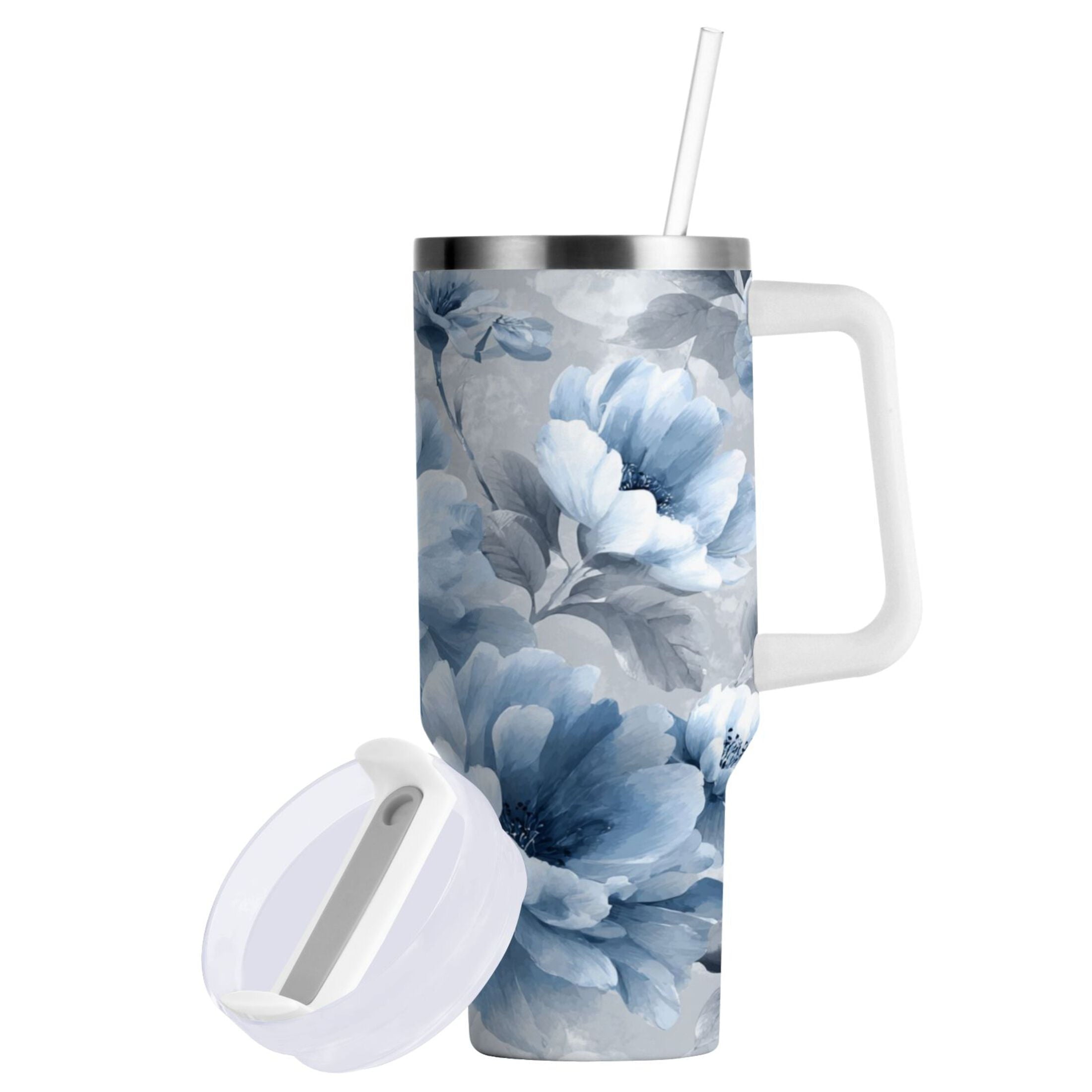 40 oz Insulated Stainless Steel Tumbler Double Wall Stainless Steel Tumbler with 2-Way Drinking White Floral Pattern - Pick 737
