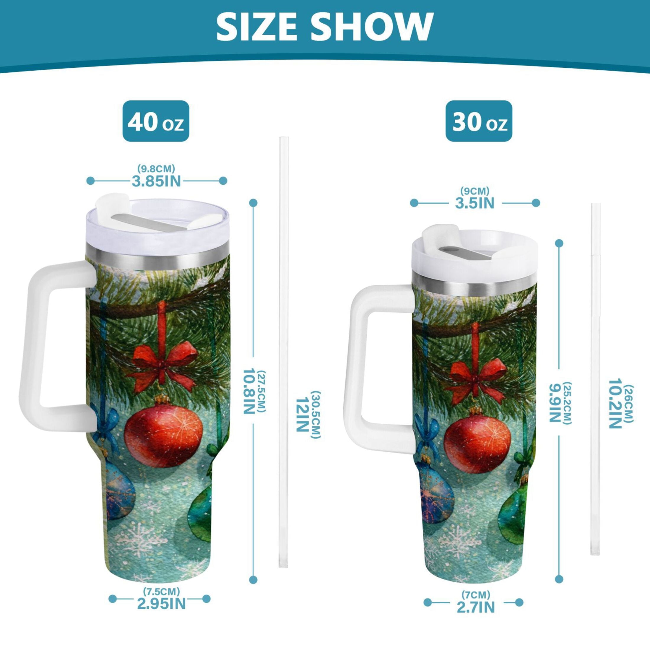 30 oz Insulated Stainless Steel Tumbler Double Wall Stainless Steel Tumbler with 2-Way Drinking Christmas Ornaments Watercolor Painting - Pick 357