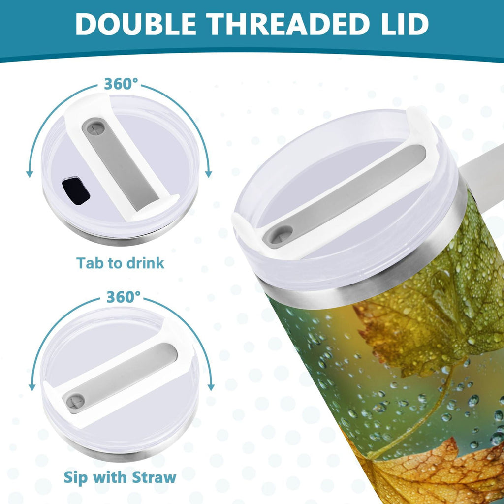 30 oz Insulated Stainless Steel Tumbler Double Wall Stainless Steel Tumbler with 2-Way Drinking Leaves with Water Droplets - Pick 915
