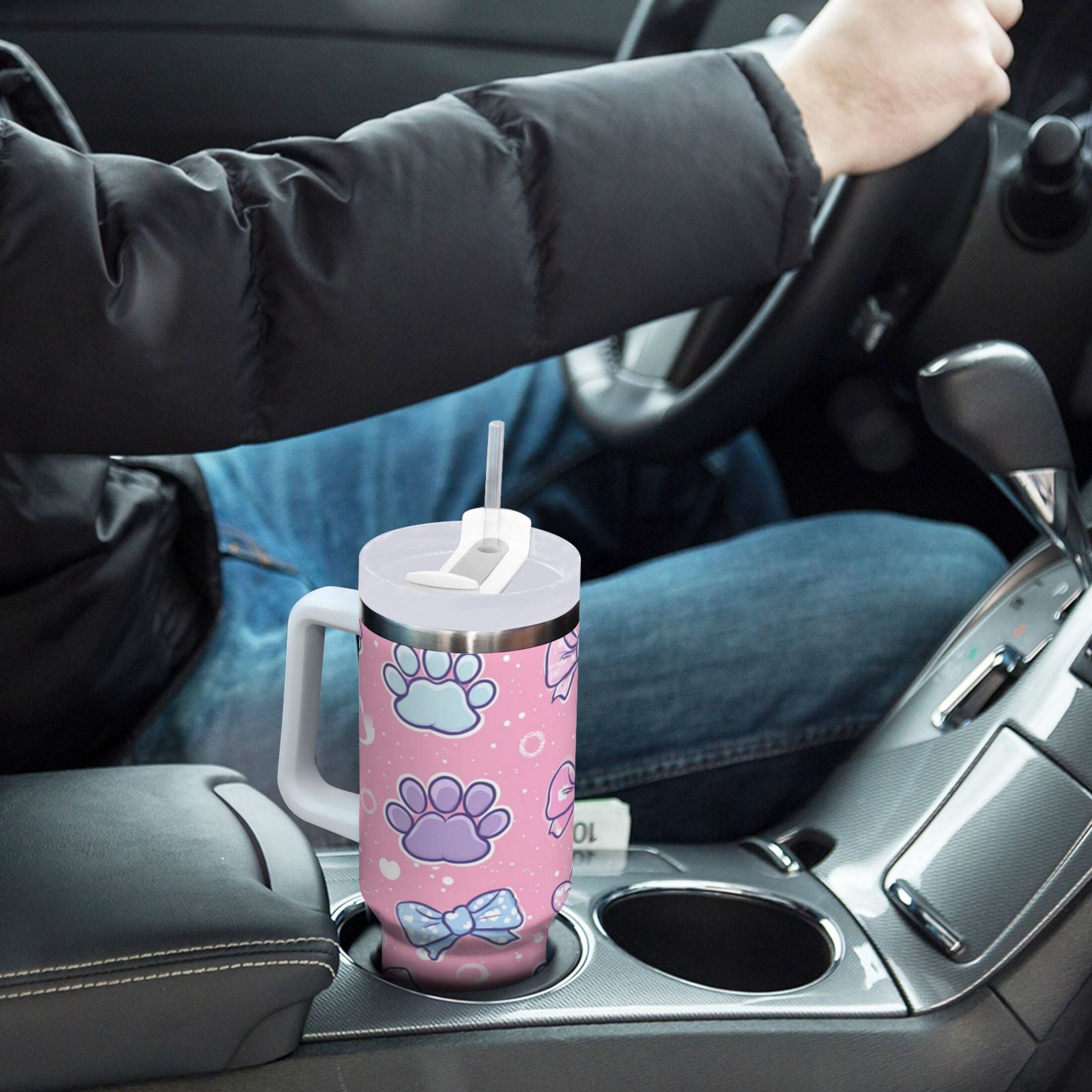 30 oz Insulated Stainless Steel Tumbler Double Wall Stainless Steel Tumbler with 2-Way Drinking Dog Paw Prints and Bows - Pick 667
