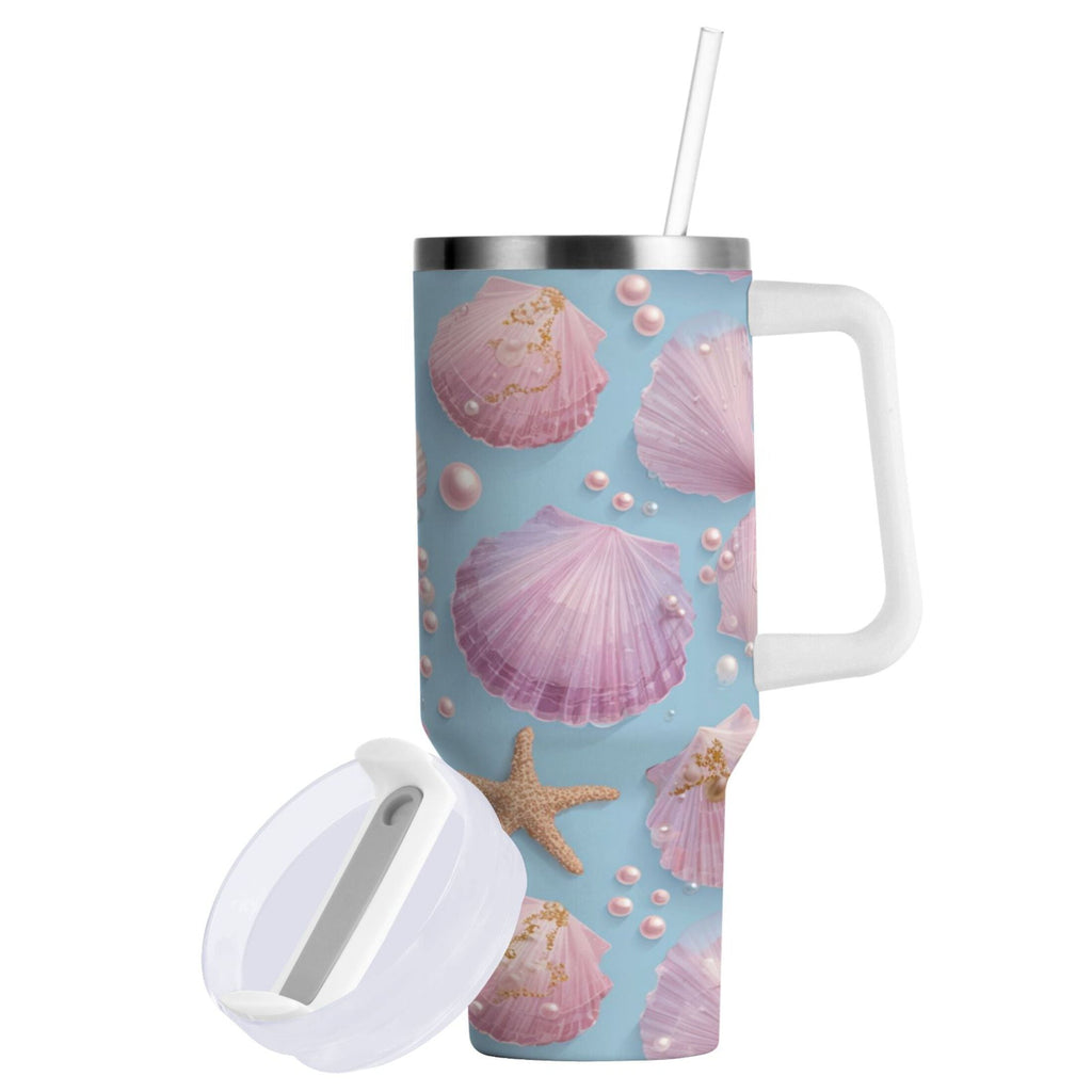 40 oz Insulated Stainless Steel Tumbler Double Wall Stainless Steel Tumbler with 2-Way Drinking Seashells and Pearls Pattern - Pick 502