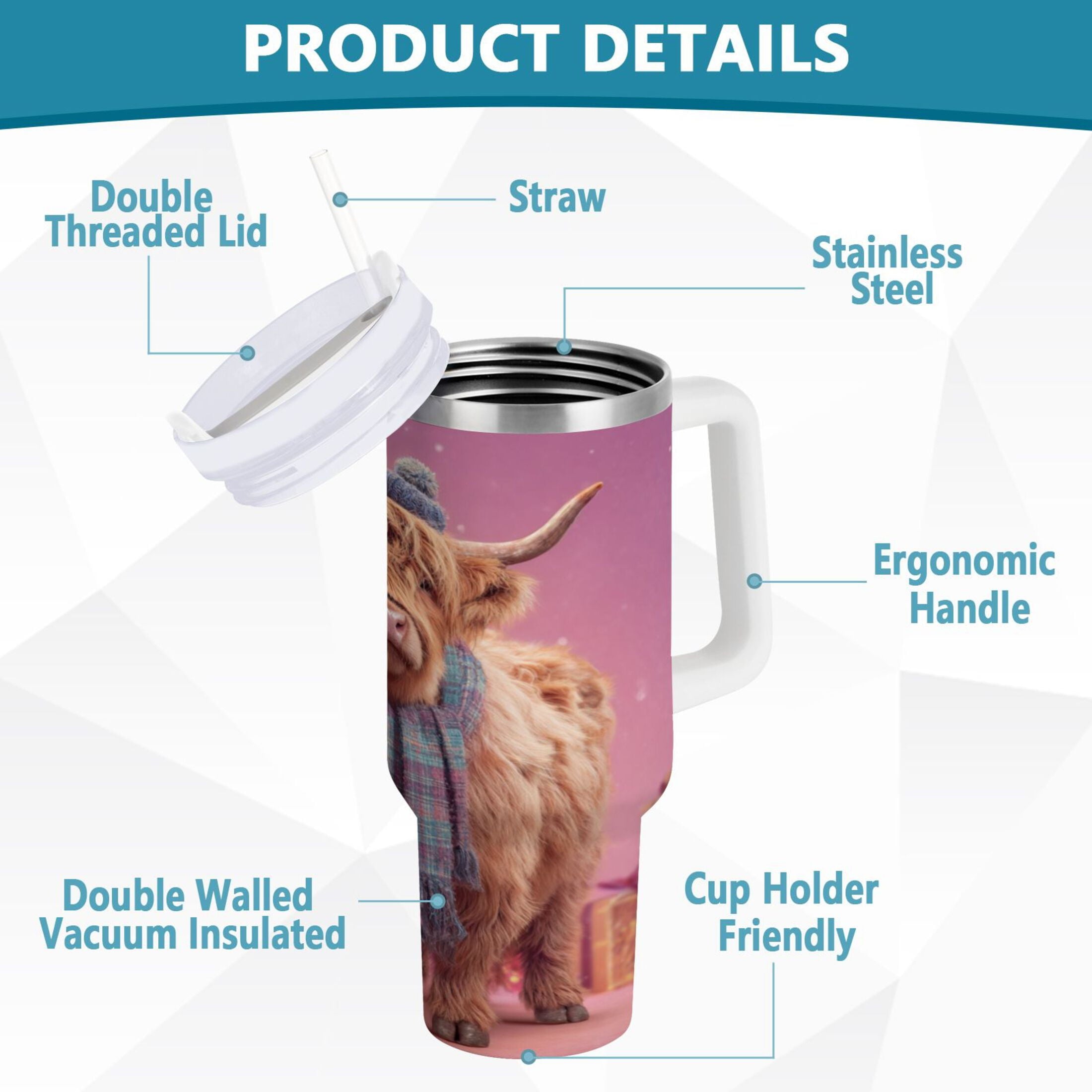 30 oz Insulated Stainless Steel Tumbler Double Wall Stainless Steel Tumbler with 2-Way Drinking Cow Wearing Christmas - Pick 543