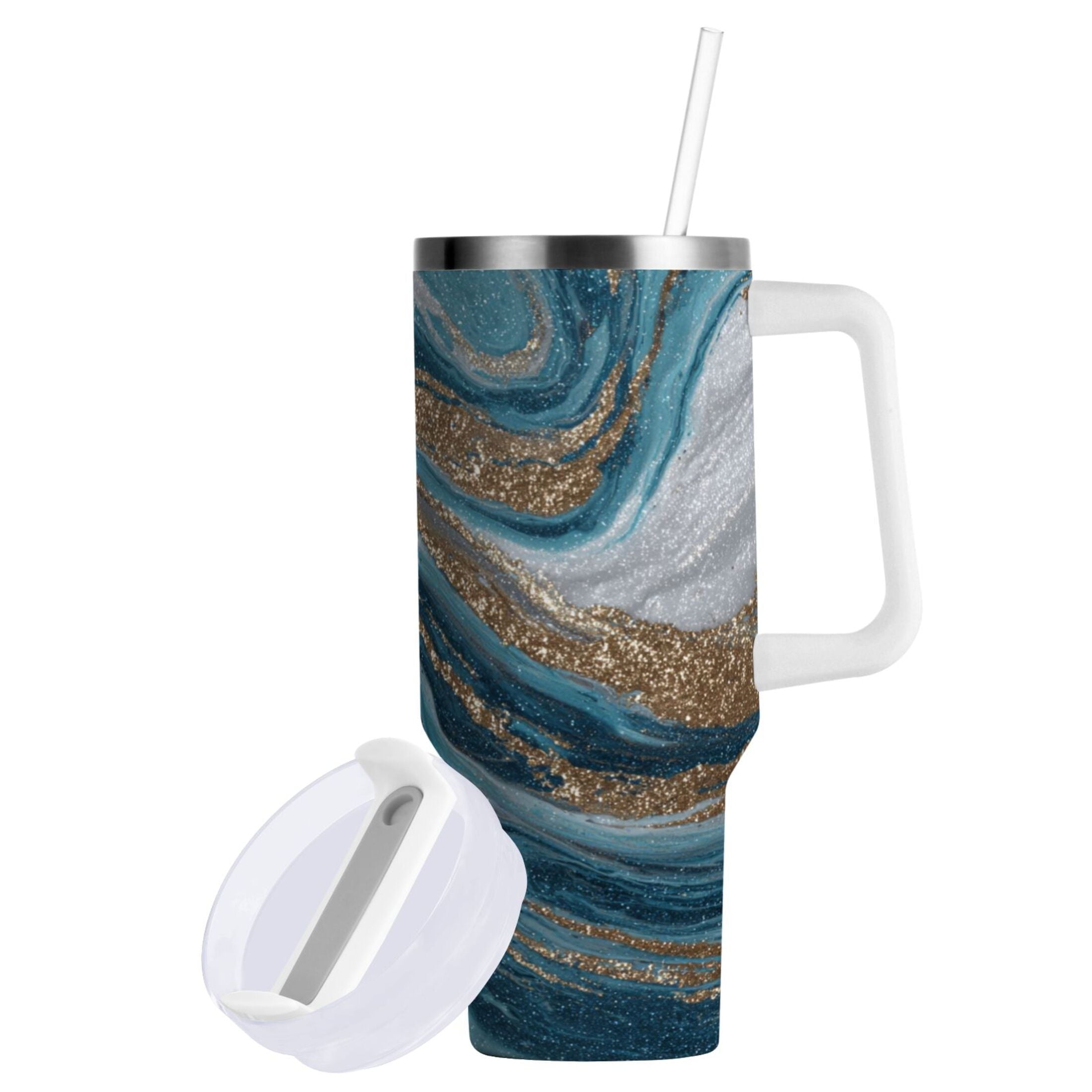30 oz Insulated Stainless Steel Tumbler Double Wall Stainless Steel Tumbler with 2-Way Drinking Blue and Gold Swirling - Pick 496