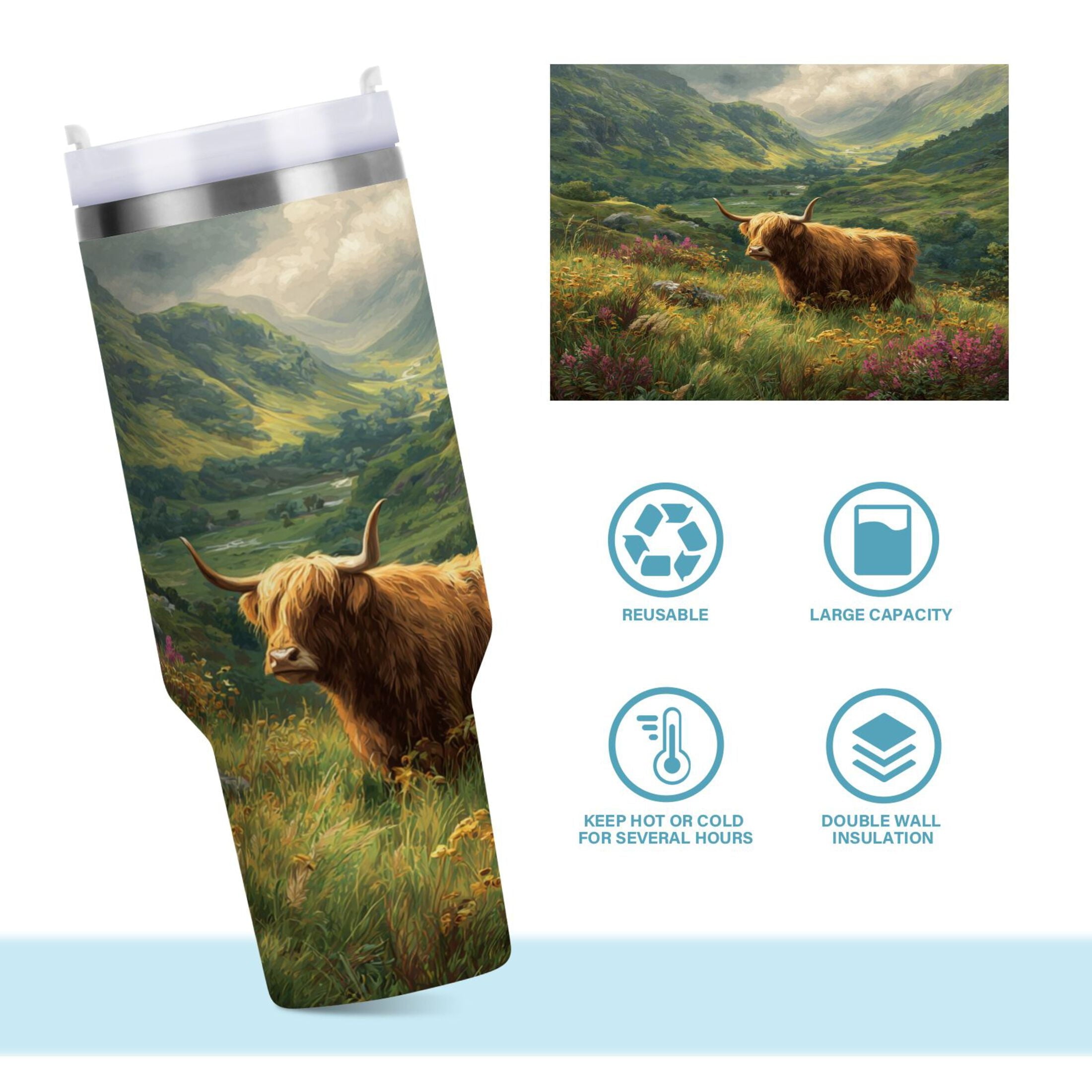 30 oz Insulated Stainless Steel Tumbler Double Wall Stainless Steel Tumbler with 2-Way Drinking Cow in Green Rolling Hills - Pick 393