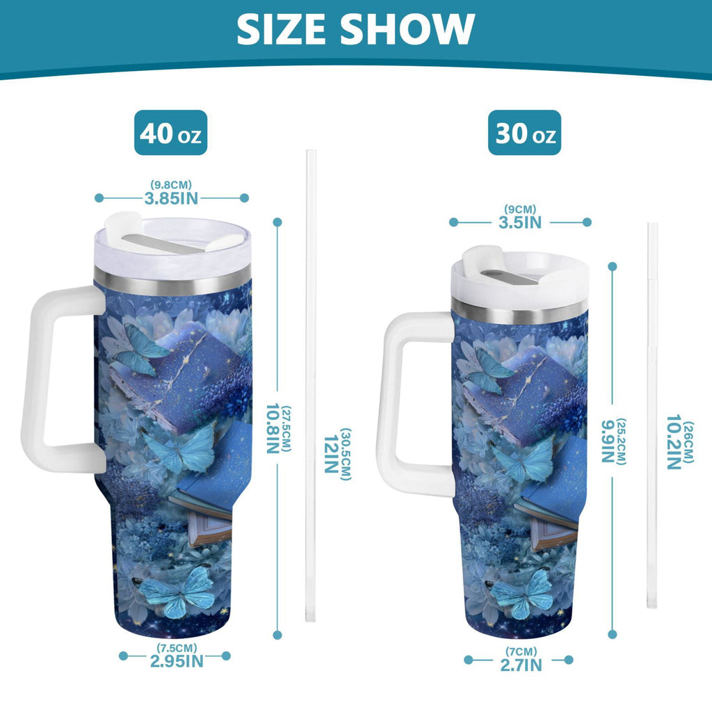 30 oz Insulated Stainless Steel Tumbler Double Wall Stainless Steel Tumbler with 2-Way Drinking Butterflies Books and Flowers - Pick 903