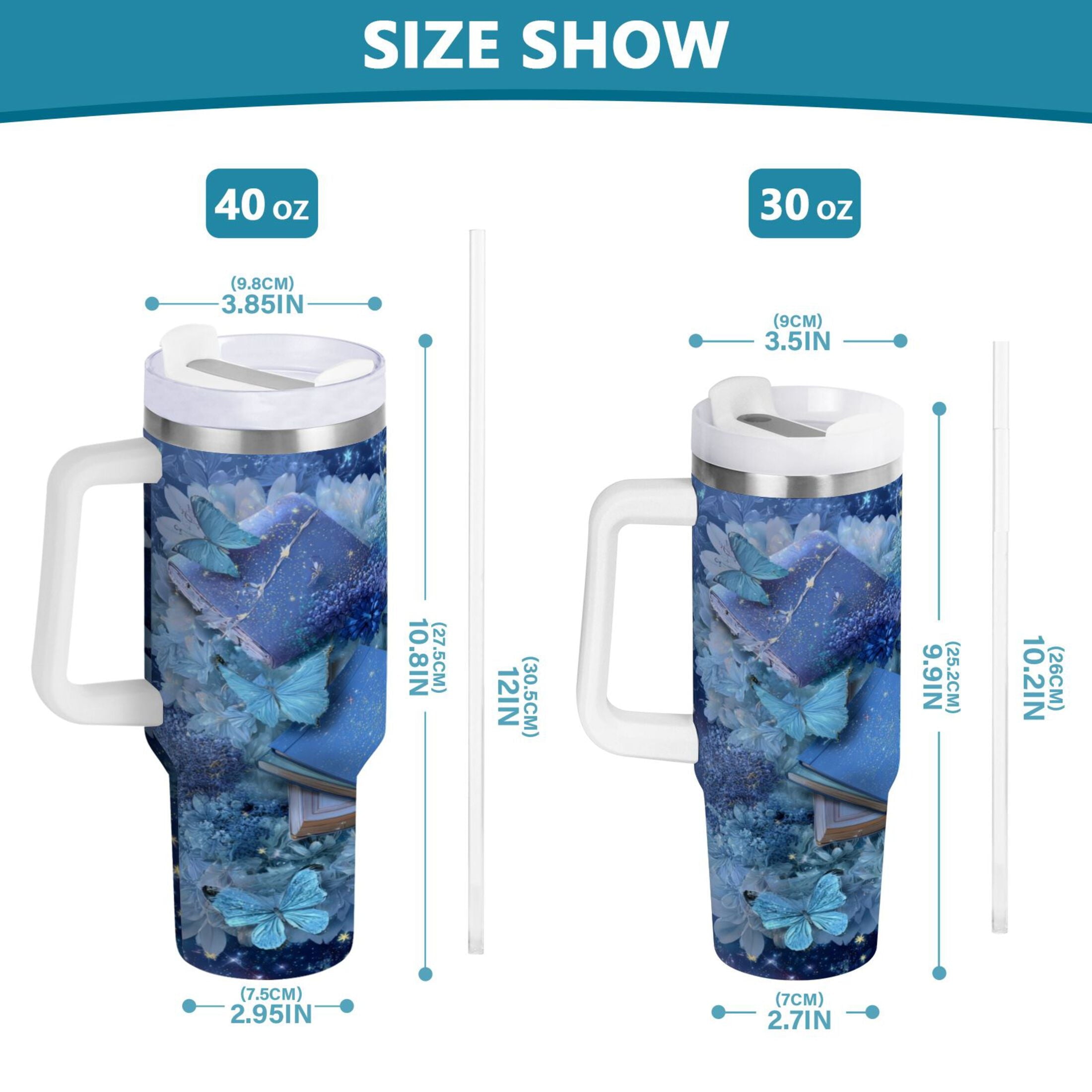 30 oz Insulated Stainless Steel Tumbler Double Wall Stainless Steel Tumbler with 2-Way Drinking Butterflies Books and Flowers - Pick 903