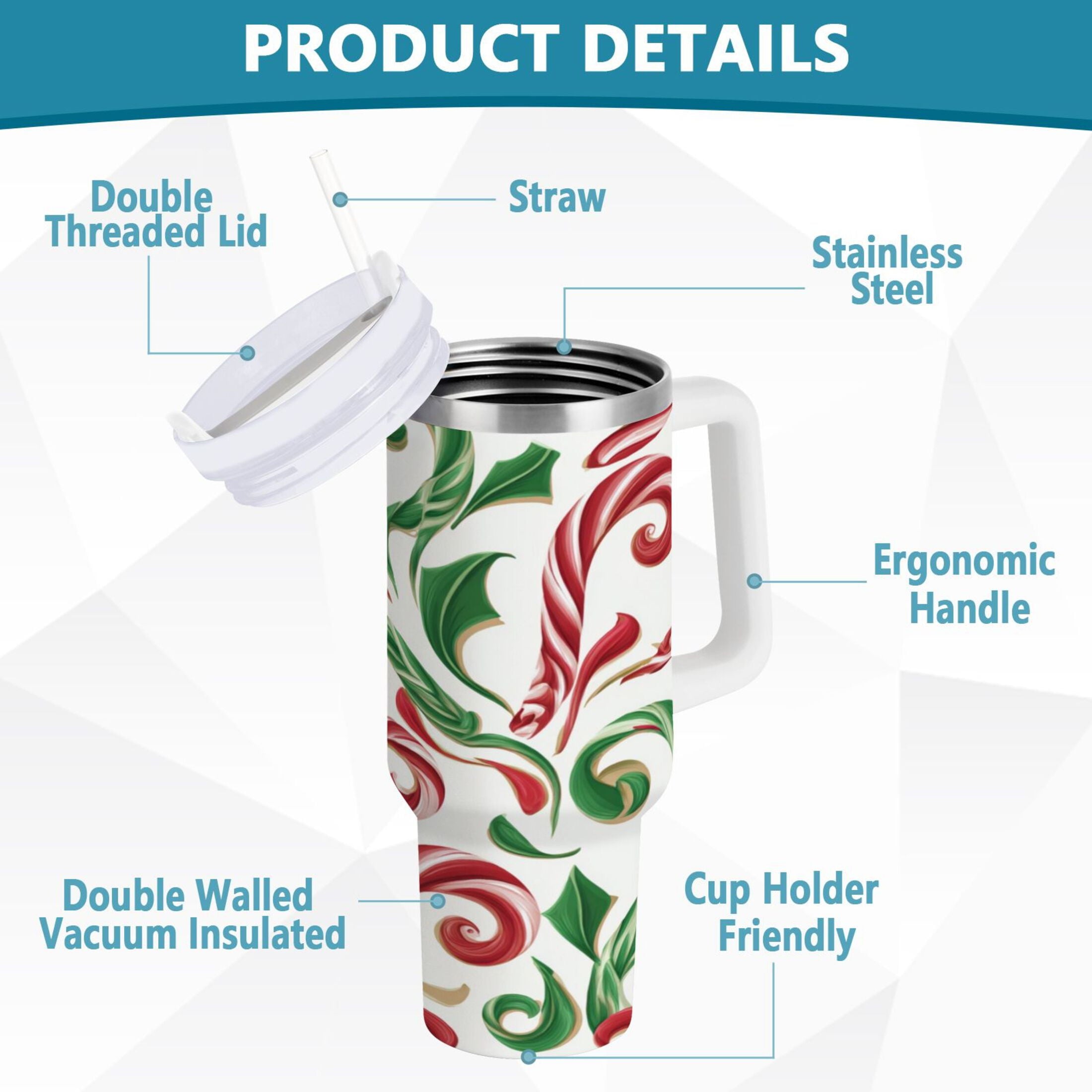 40 oz Insulated Stainless Steel Tumbler Double Wall Stainless Steel Tumbler with 2-Way Drinking Red and Green Candy-cane - Pick 289