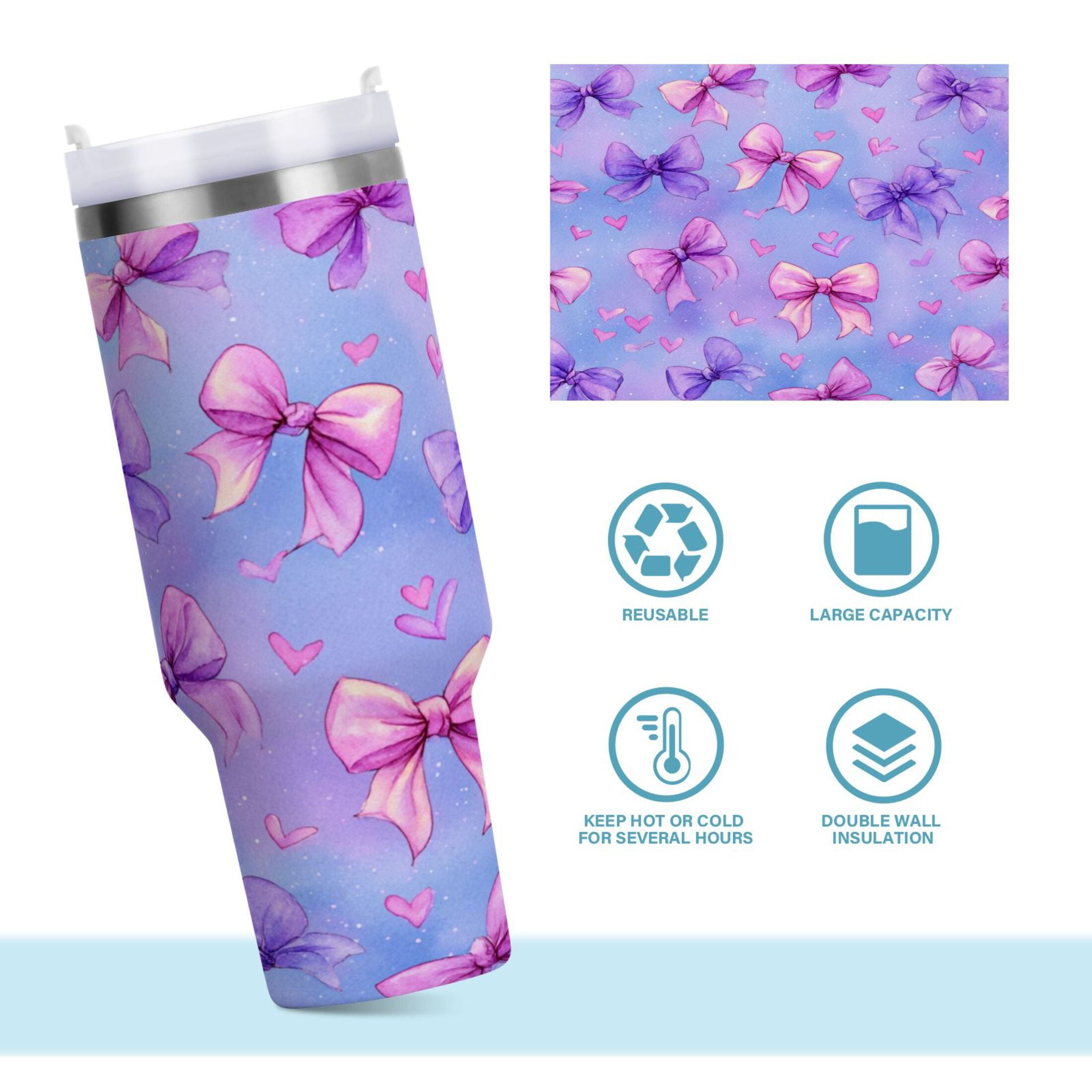 30 oz Insulated Stainless Steel Tumbler Double Wall Stainless Steel Tumbler with 2-Way Drinking Watercolor Bows Pattern - Pick 805