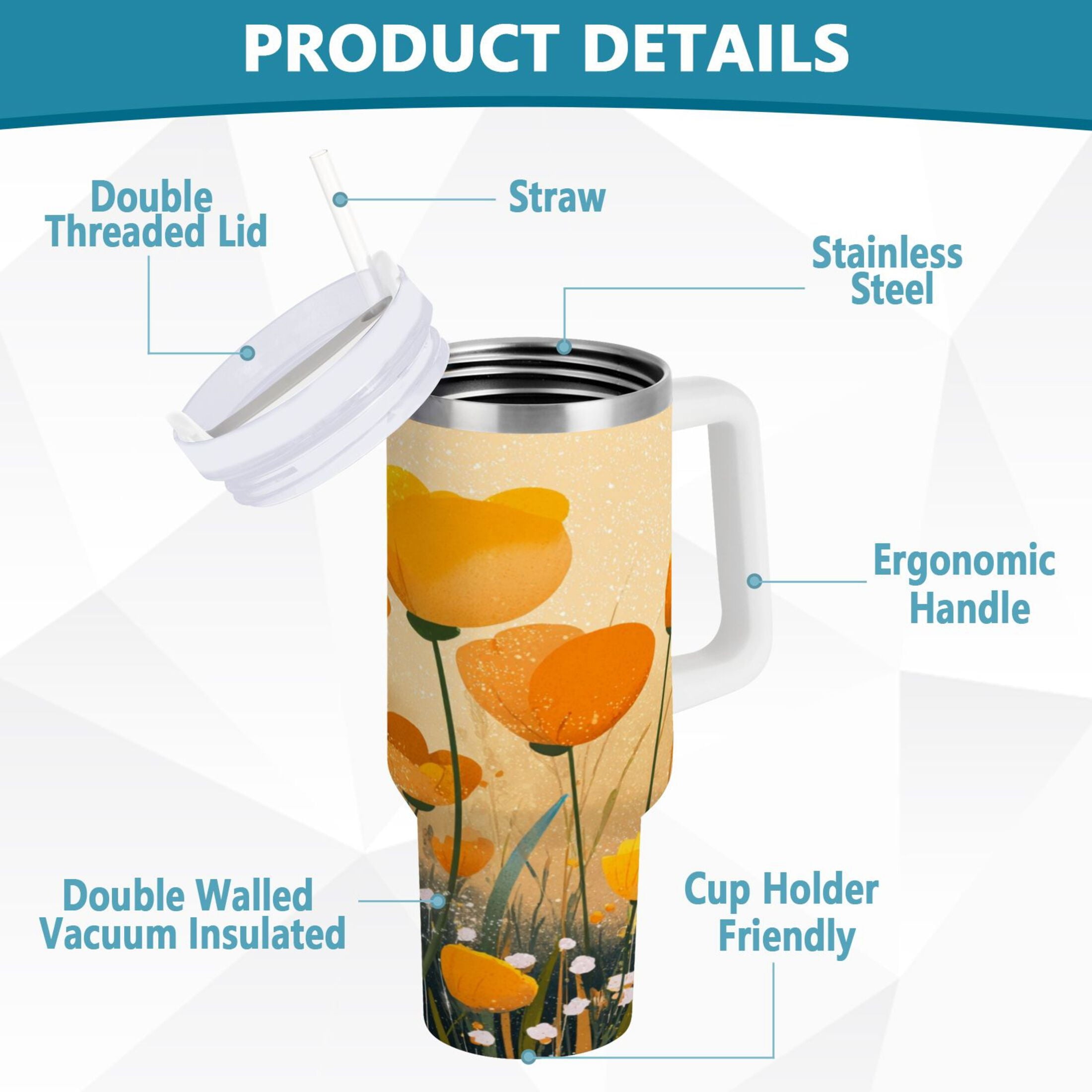 30 oz Insulated Stainless Steel Tumbler Double Wall Stainless Steel Tumbler with 2-Way Drinking Yellow Flowers on The Grass - Pick 565