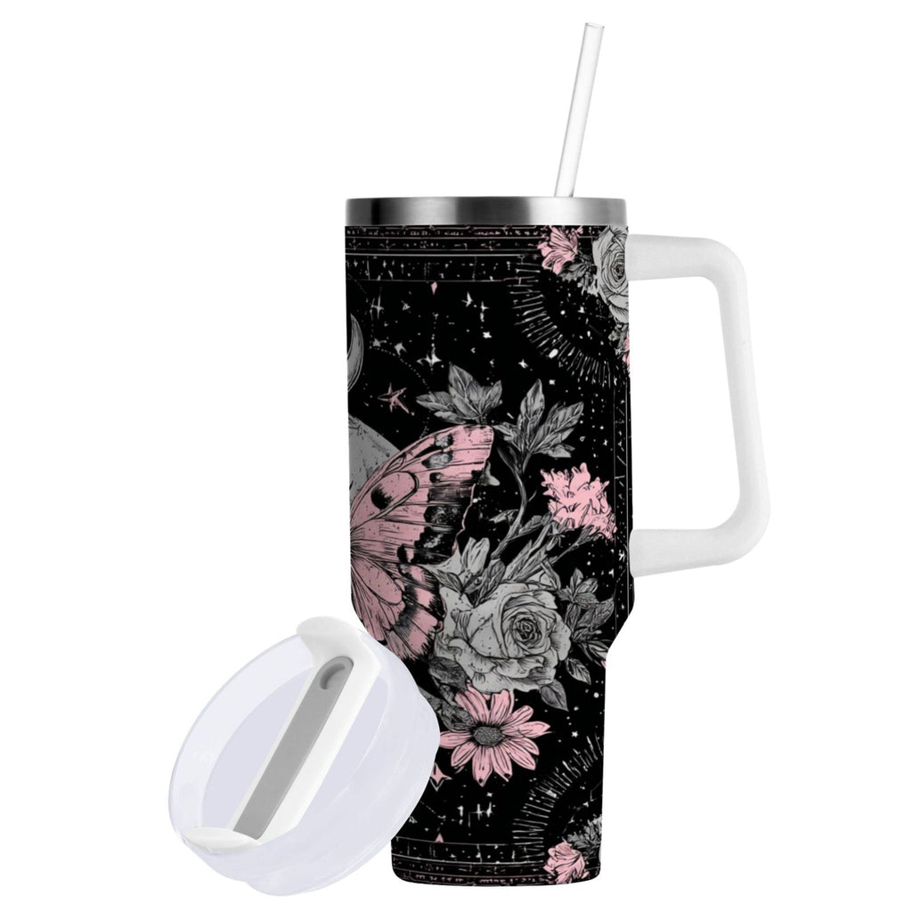30 oz Insulated Stainless Steel Tumbler Double Wall Stainless Steel Tumbler with 2-Way Drinking Butterfly by Moon and Flowers - Pick 931