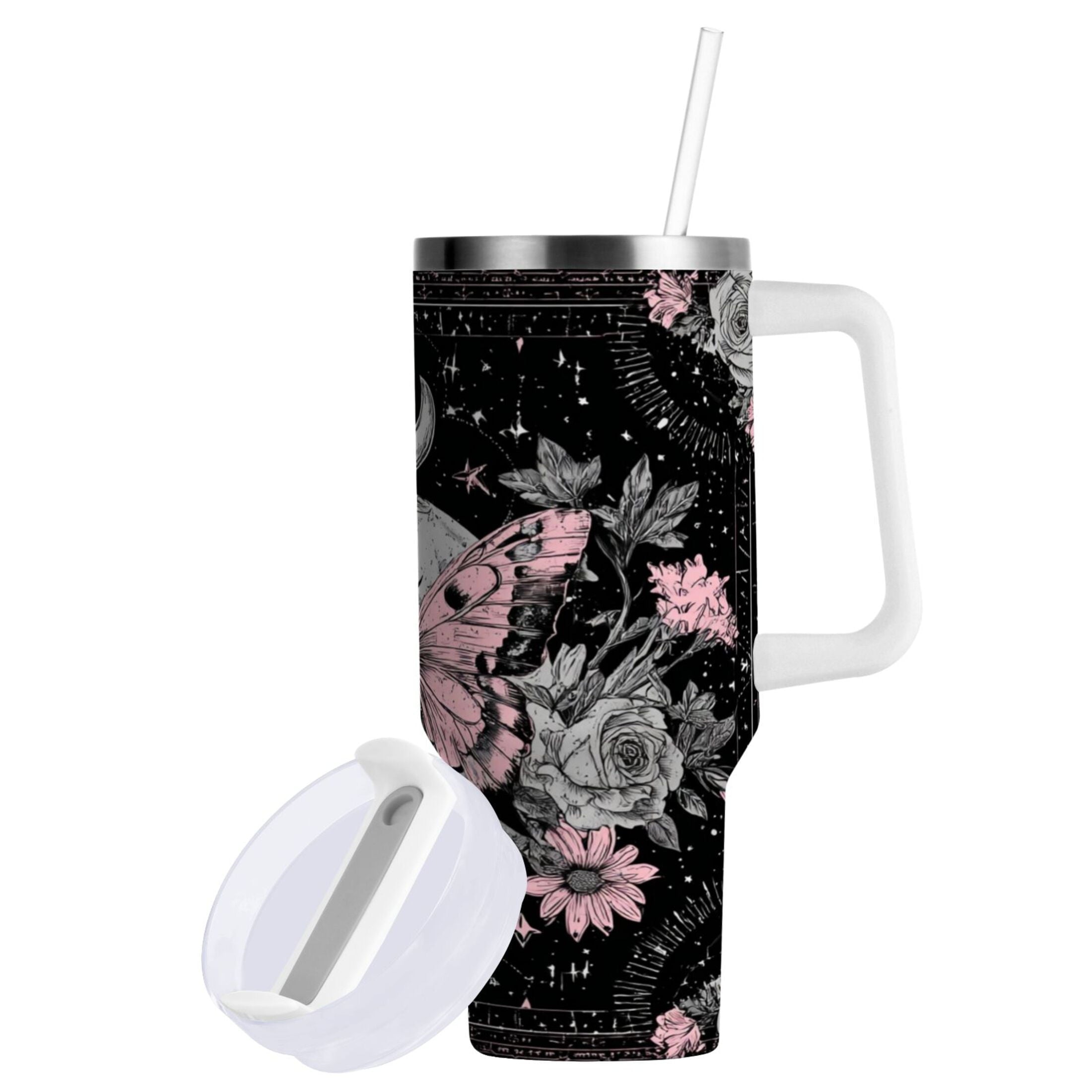 30 oz Insulated Stainless Steel Tumbler Double Wall Stainless Steel Tumbler with 2-Way Drinking Butterfly by Moon and Flowers - Pick 931