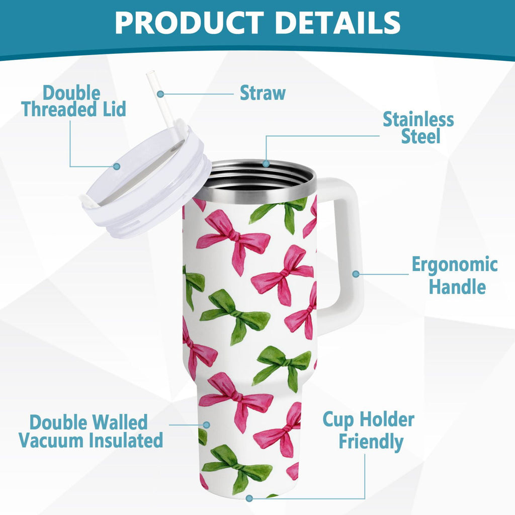 30 oz Insulated Stainless Steel Tumbler Double Wall Stainless Steel Tumbler with 2-Way Drinking Pink Bows and Green Ribbons - Pick 706