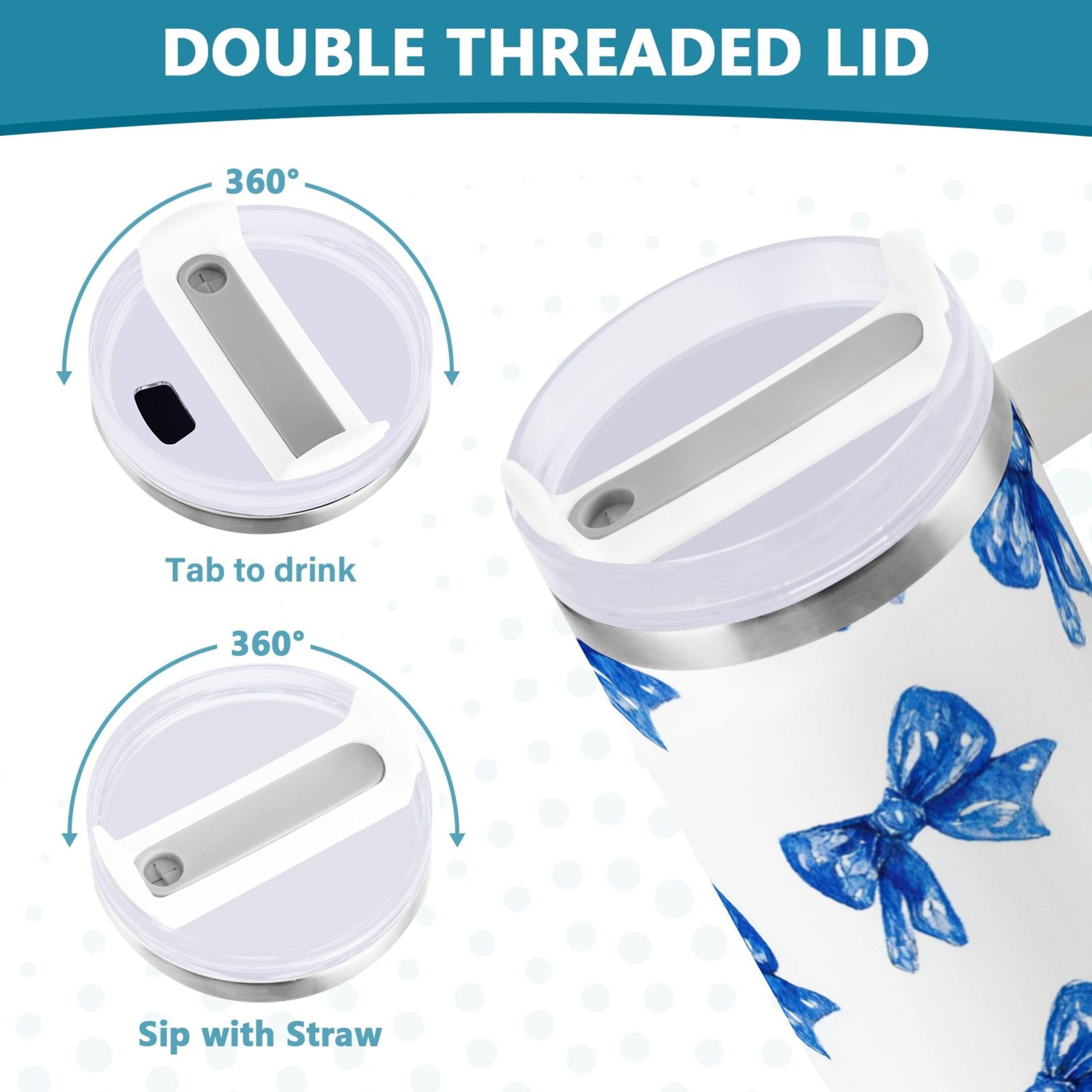 30 oz Insulated Stainless Steel Tumbler Double Wall Stainless Steel Tumbler with 2-Way Drinking Blue Bows Pattern - Pick 771