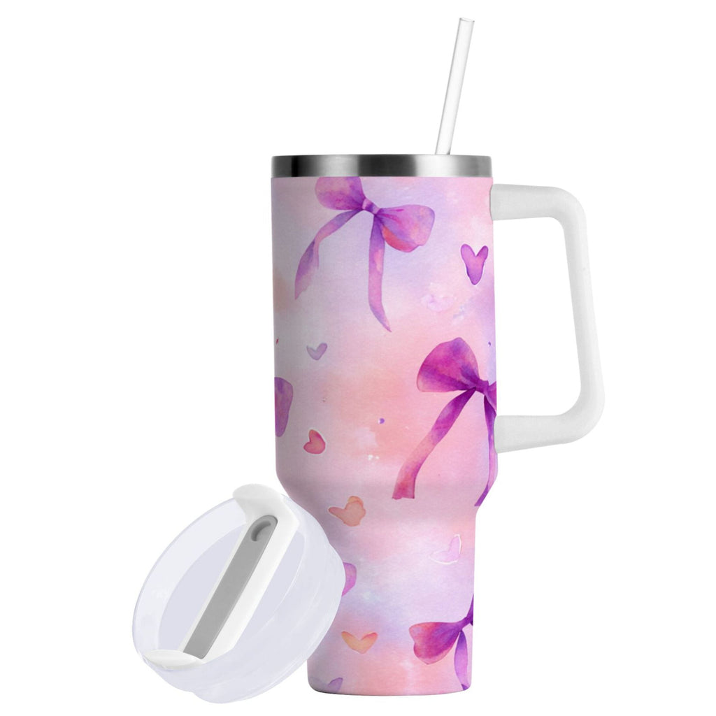30 oz Insulated Stainless Steel Tumbler Double Wall Stainless Steel Tumbler with 2-Way Drinking Watercolor Purple Bows - Pick 260