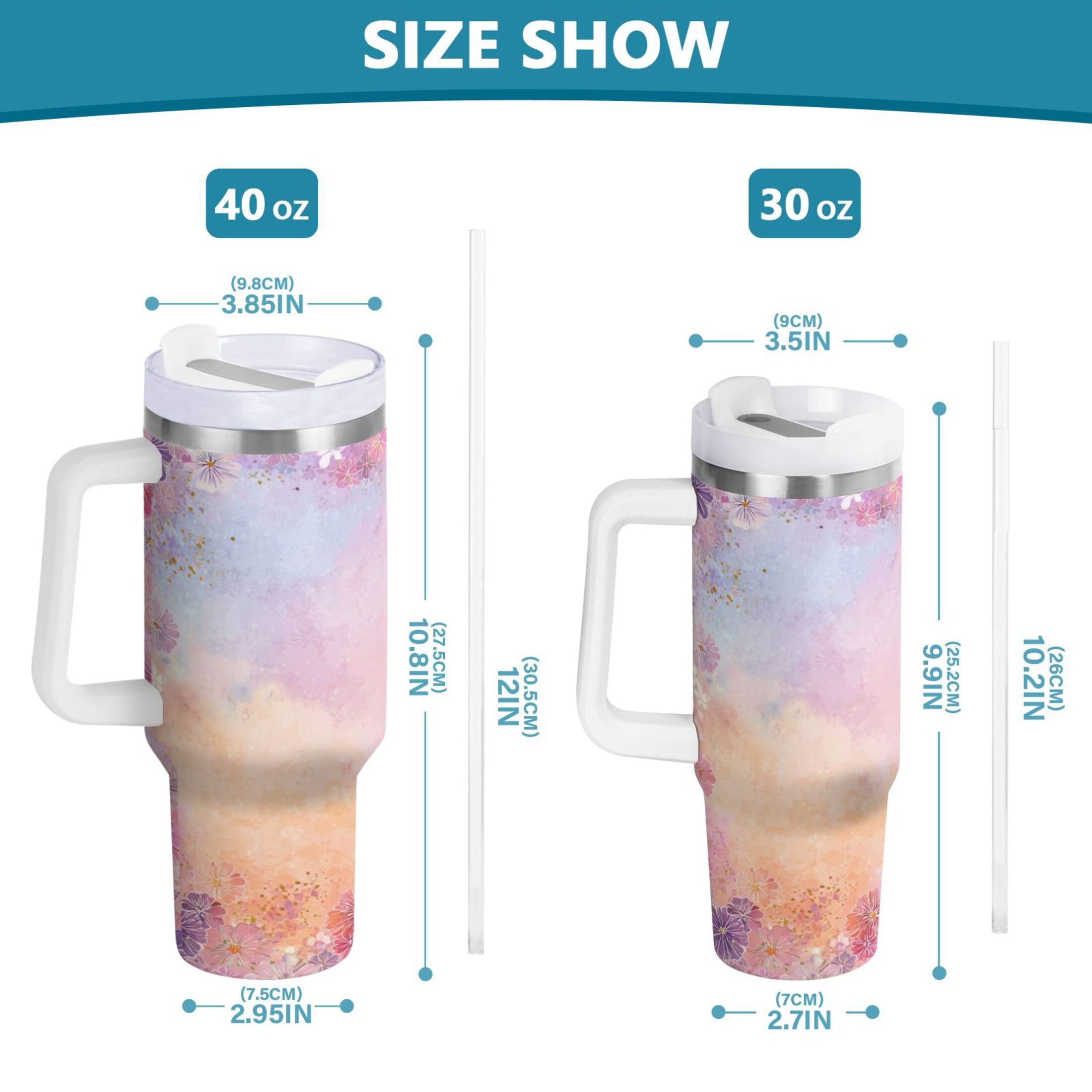 30 oz Insulated Stainless Steel Tumbler Double Wall Stainless Steel Tumbler with 2-Way Drinking Colorful Pastel Floral Pattern - Pick 927