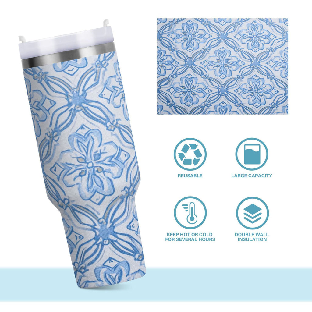 30 oz Insulated Stainless Steel Tumbler Double Wall Stainless Steel Tumbler with 2-Way Drinking Blue Elegant Geometric Design - Pick 988