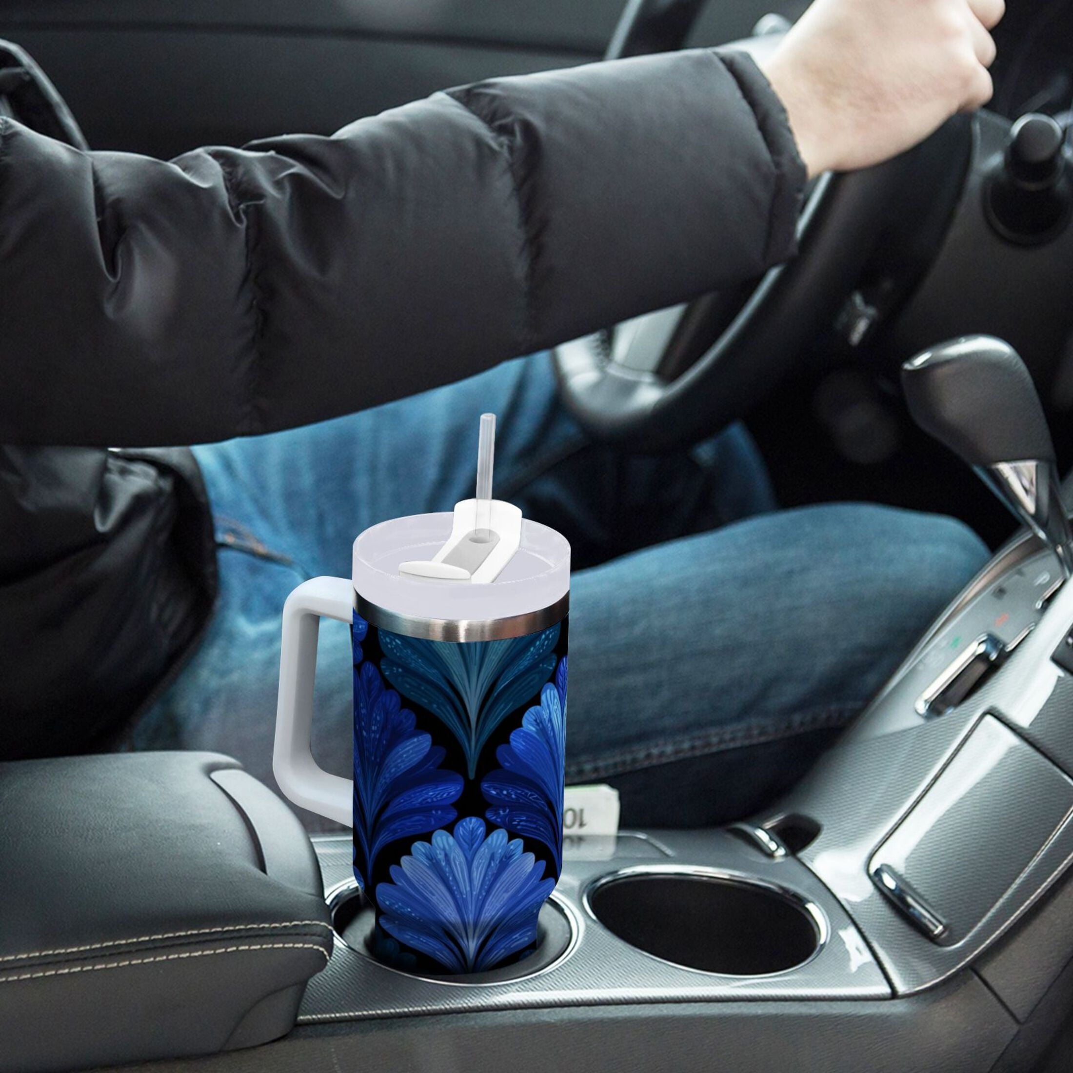 30 oz Insulated Stainless Steel Tumbler Double Wall Stainless Steel Tumbler with 2-Way Drinking Blue Batik Leaves Pattern - Pick 501