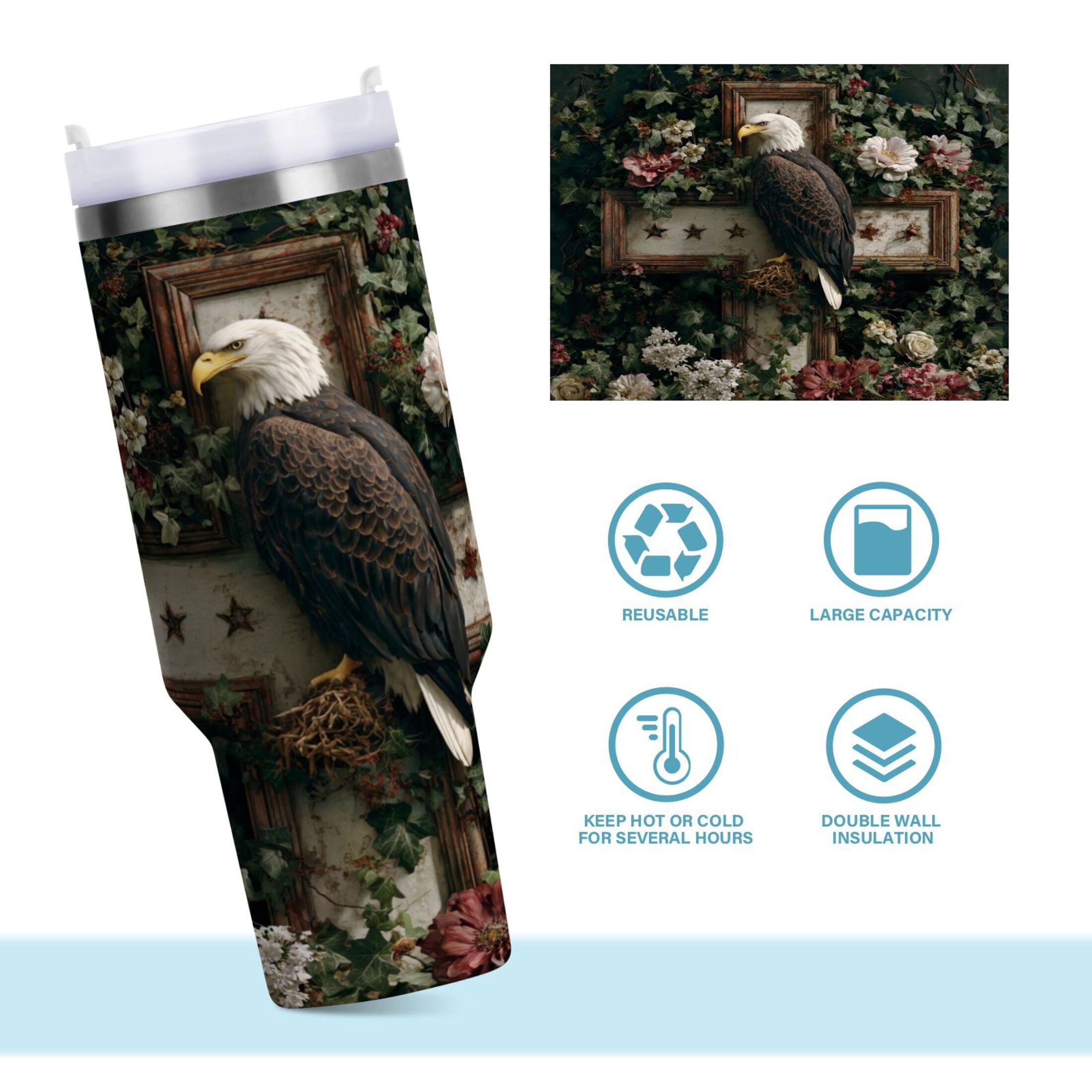 30 oz Insulated Stainless Steel Tumbler Double Wall Stainless Steel Tumbler with 2-Way Drinking Wreath and Bald Eagle - Pick 452