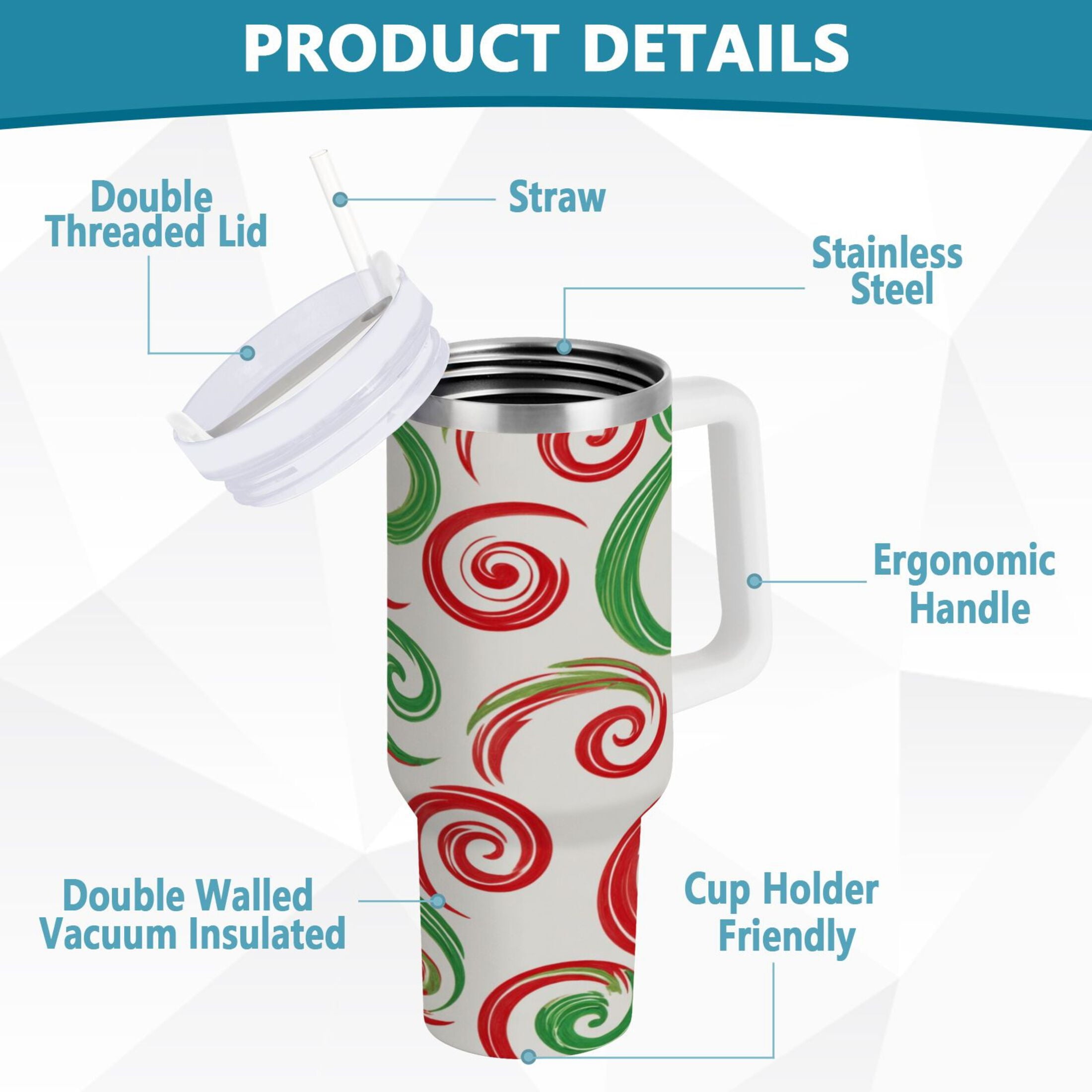 40 oz Insulated Stainless Steel Tumbler Double Wall Stainless Steel Tumbler with 2-Way Drinking Red and Green Swirls - Pick 387